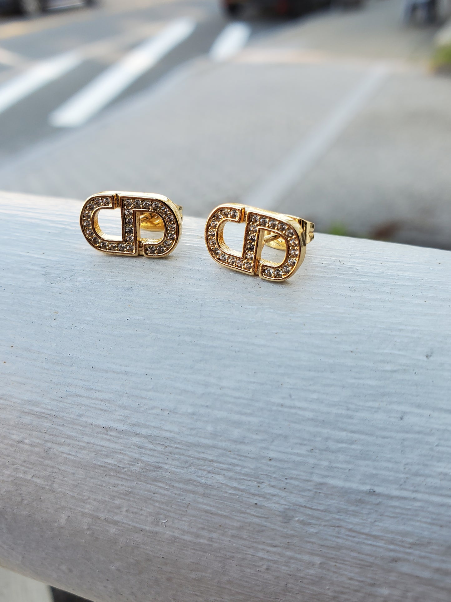Gold Plated CD Christian Dior Lookalike CZ Stud Earrings