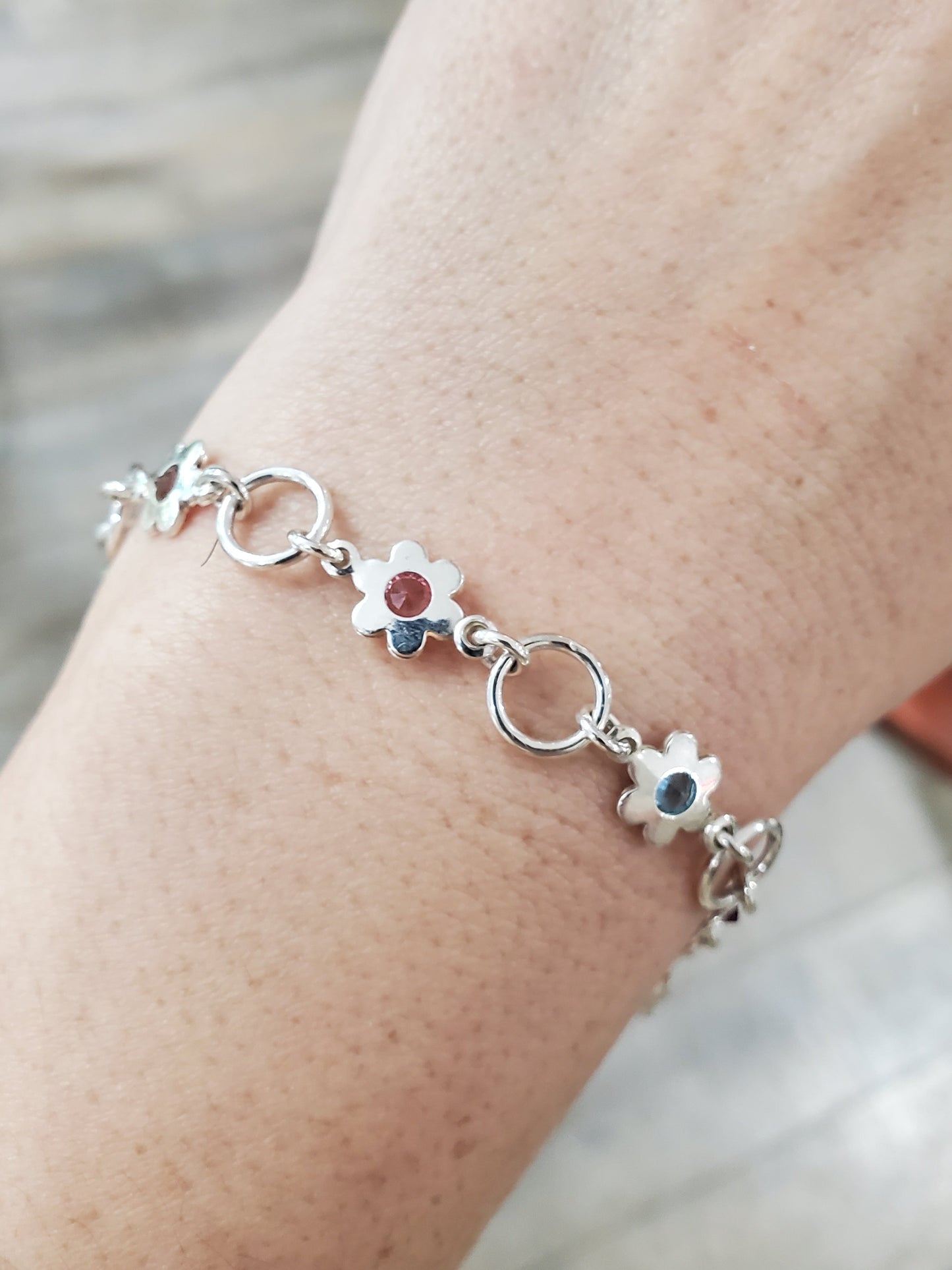 925 Sterling Silver Multi-colored Crystal Daisy Flower Floral Bracelet