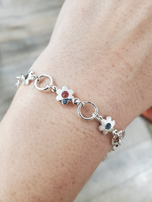 925 Sterling Silver Multi-colored Crystal Daisy Flower Floral Bracelet