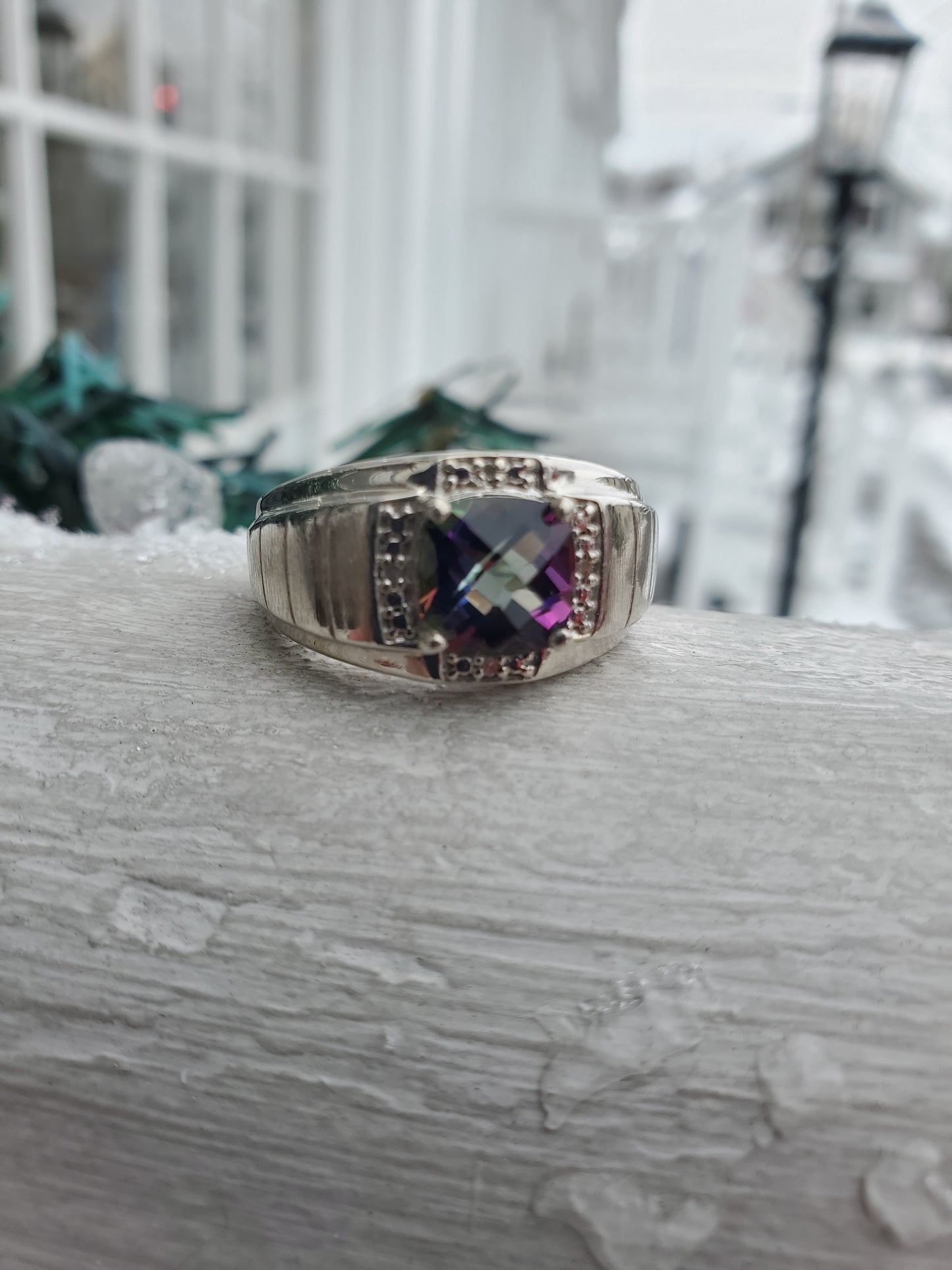 925 Sterling Silver Men's 2ct Cushion Cut Mystic Topaz & Diamond Solitare Ring