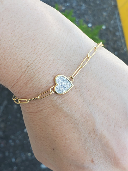 925 Sterling Silver Vermeil Pave Heart Zirconia Paperclip Bracelet
