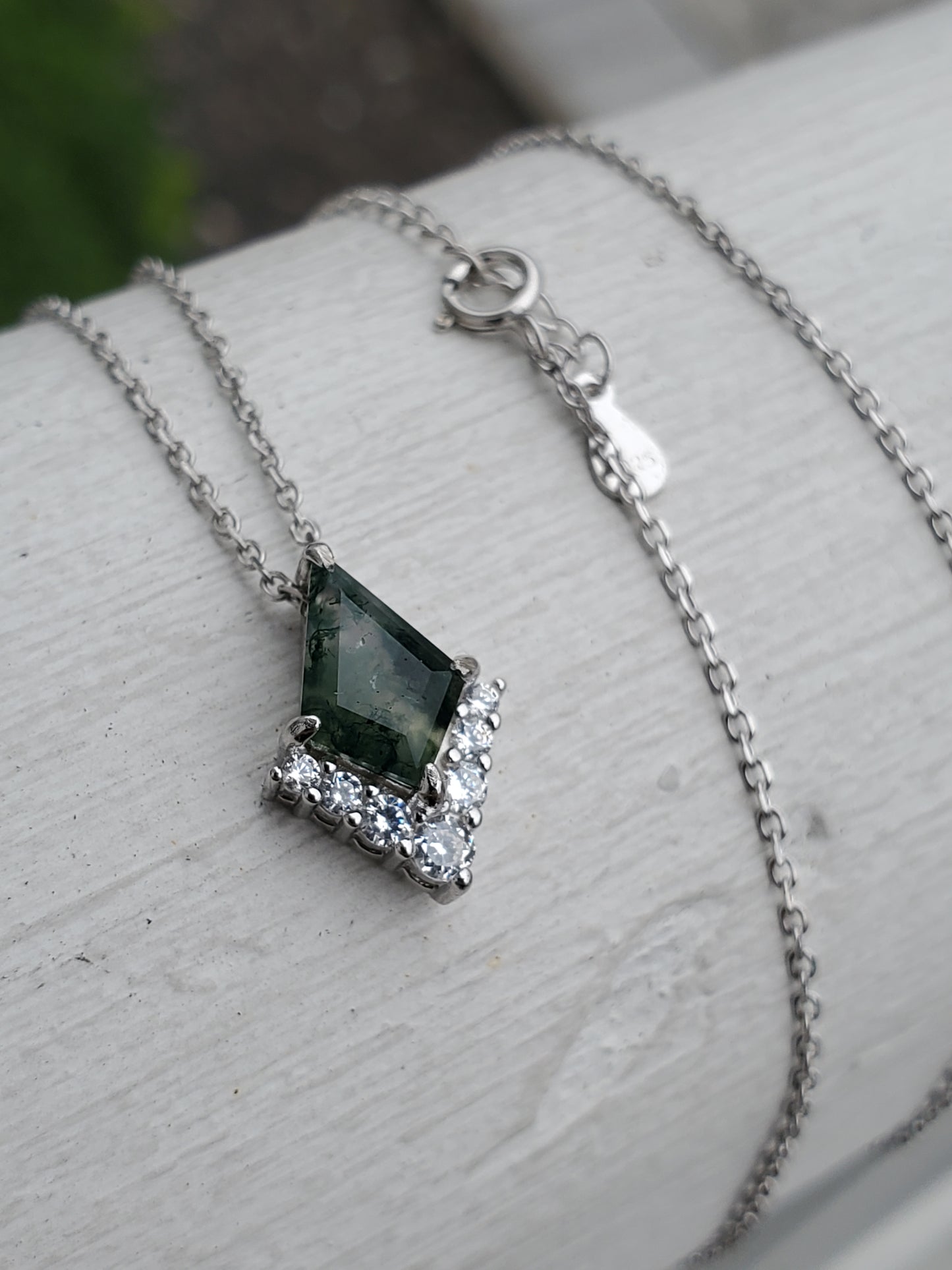 925 Sterling Silver Rhombus Cut Mossy Agate & Zirconia Necklace