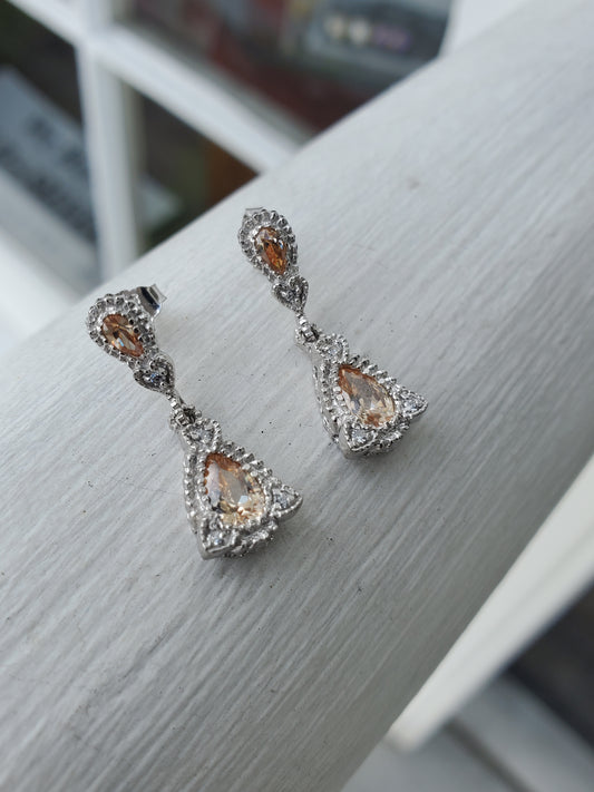 925 Sterling Silver Petite Chandelier Champagne Zirconia Teardrop Earrings