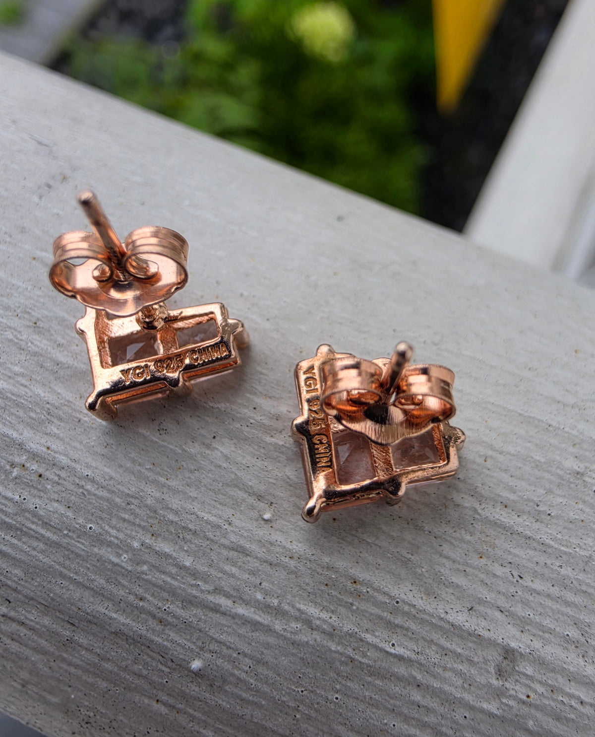 925 Stering Silver Rose Vermeil Tripolo Princess Cut Morganite Zirconia Stud Earrings