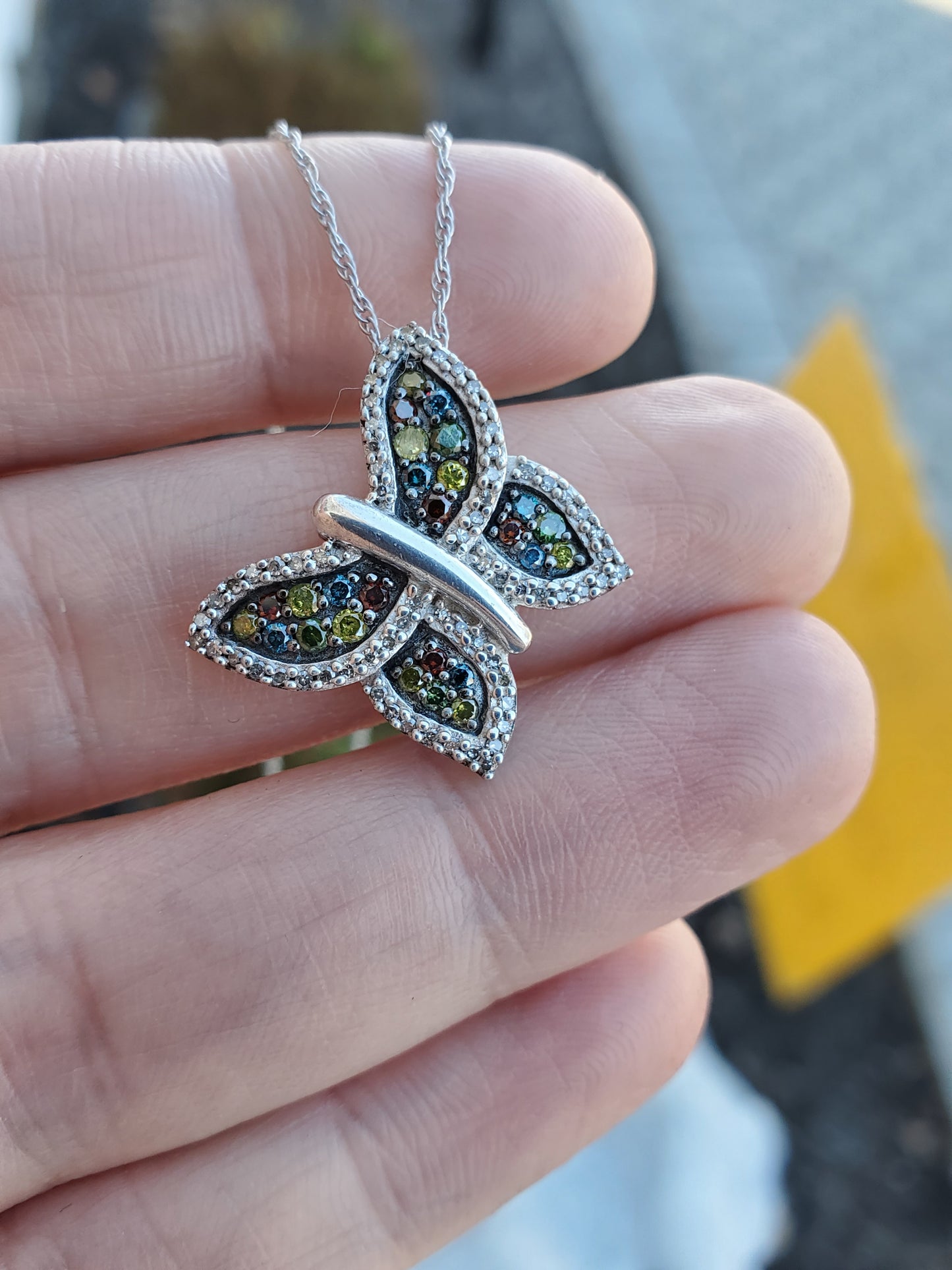 925 Sterling Silver 1tcw Multi-Color Diamond Butterfly Necklace