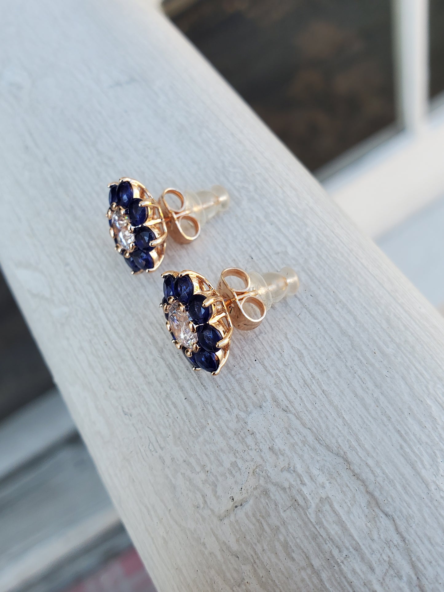 Stainless Steel Gold Plated Synthetic Sapphire & Zirconia CZ Flower Stud/Post Earrings