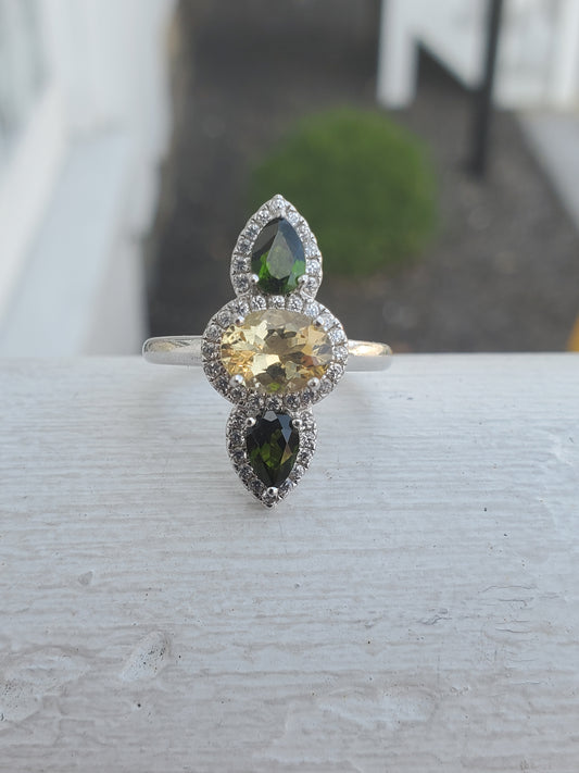 925 Sterling Silver Vertical Chrome Diopside & Citrine Topaz Ring