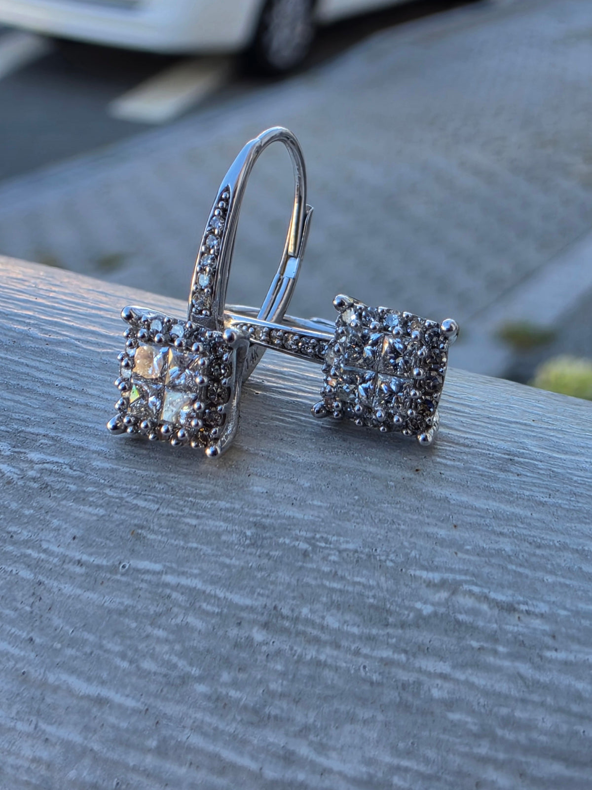14k Solid White Gold Princess & Round Cut Natural Diamond Cluster Leaverback Earrings