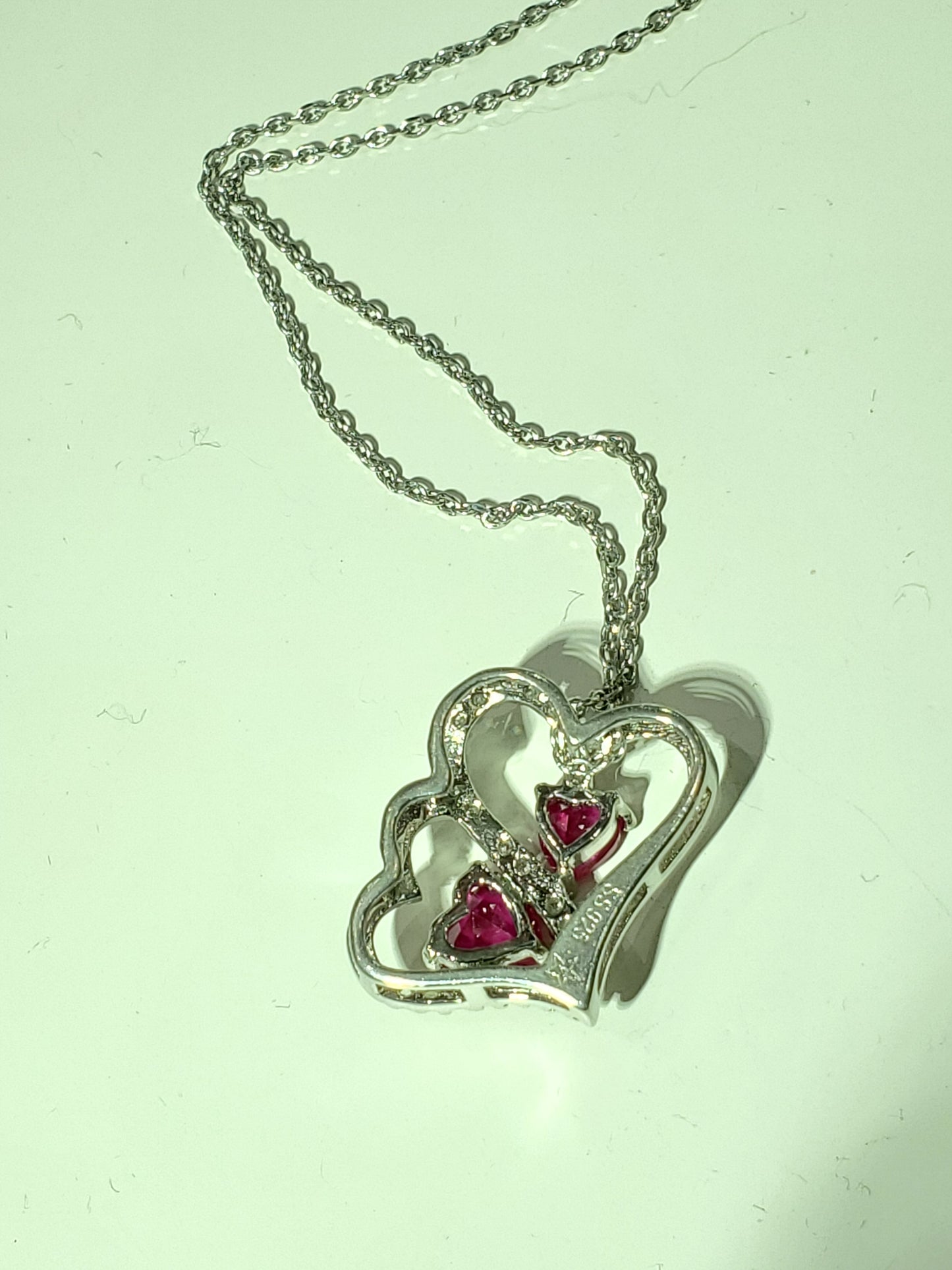 925 Sterling Silver Simulated Ruby & Natural Diamond Double Heart Necklace