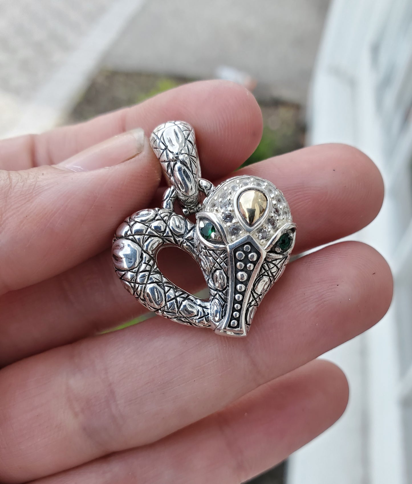 925 Sterling Silver & 14k Gold Designer John Hardy JAI Alligator Crocodile Head Heart Charm Pendant