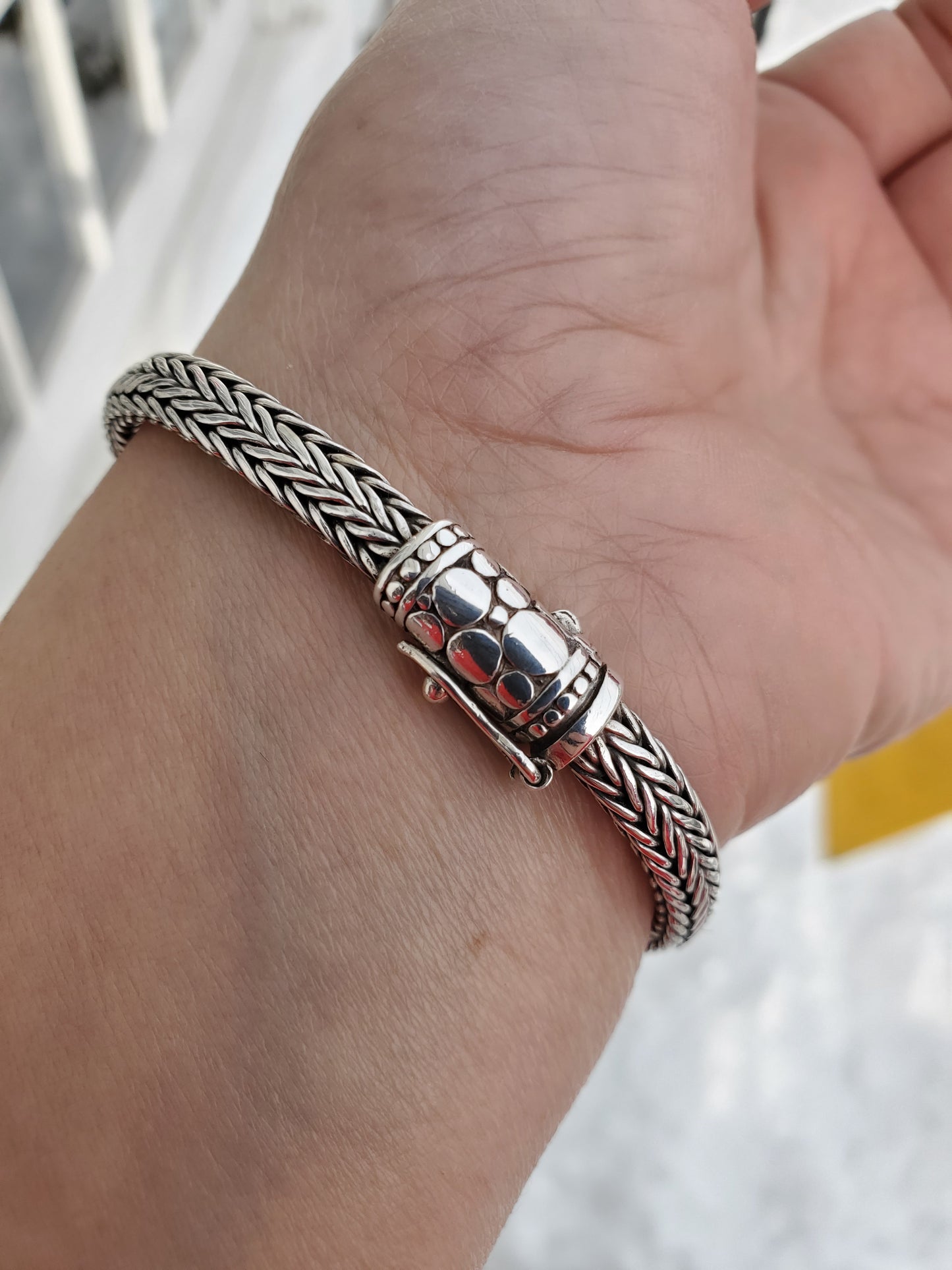 925 Sterling Silver Designer Sarda Kali Heavy Woven Textured Pebble Bar Bracelet