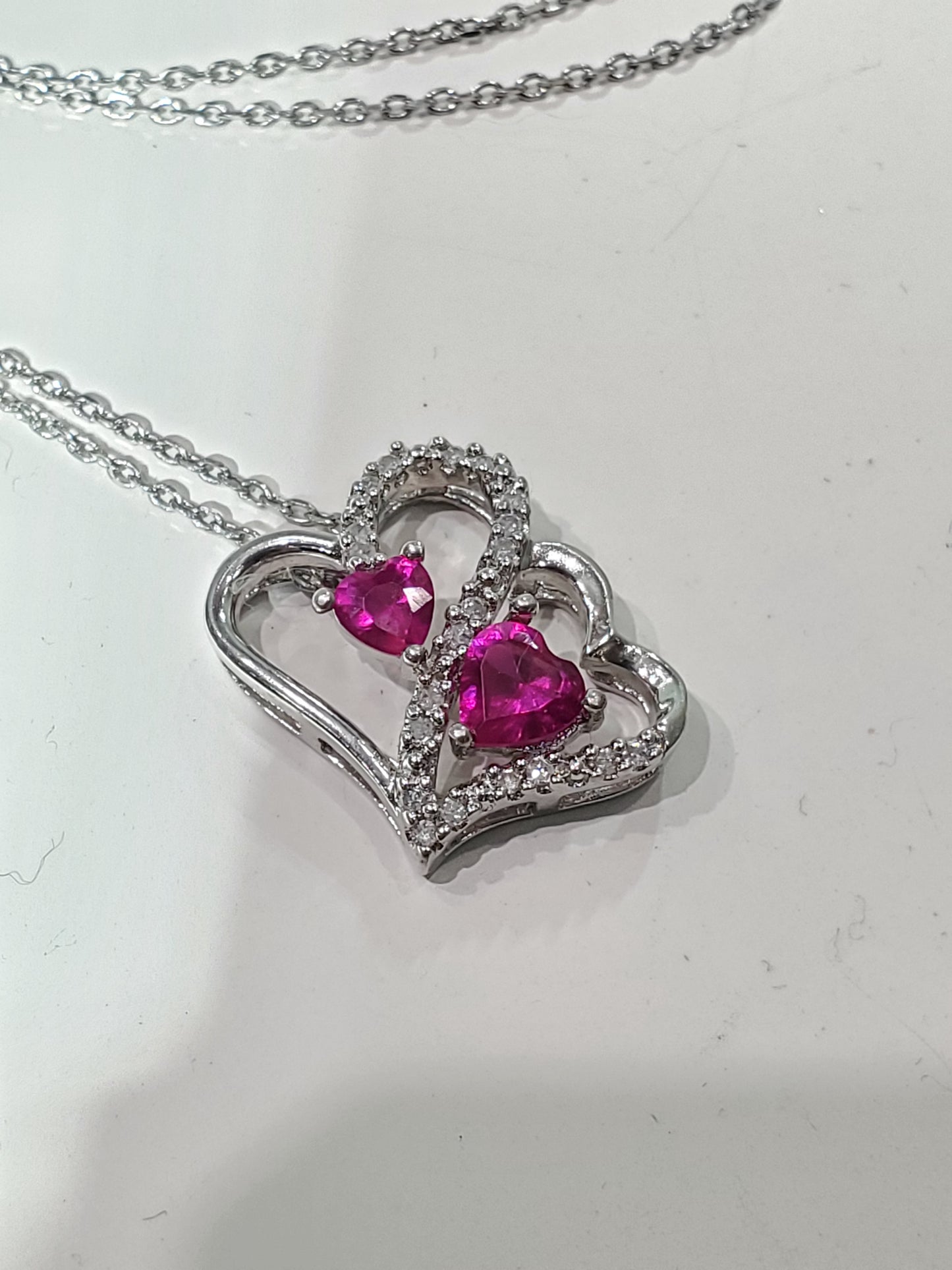 925 Sterling Silver Simulated Ruby & Natural Diamond Double Heart Necklace