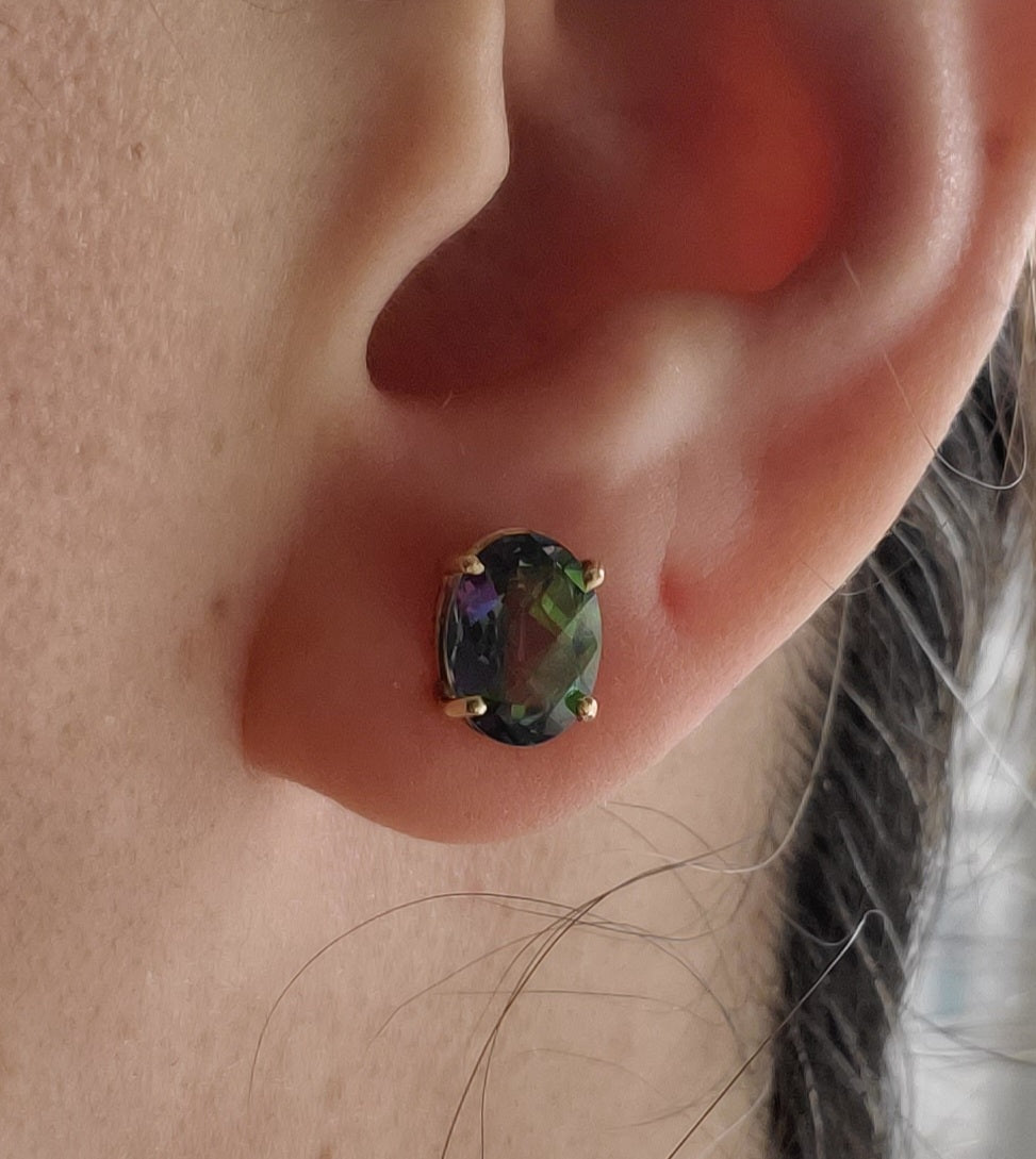 14k Solid Gold 2 tcw Oval Mystic Topaz 4-Prong Stud Post Earrings