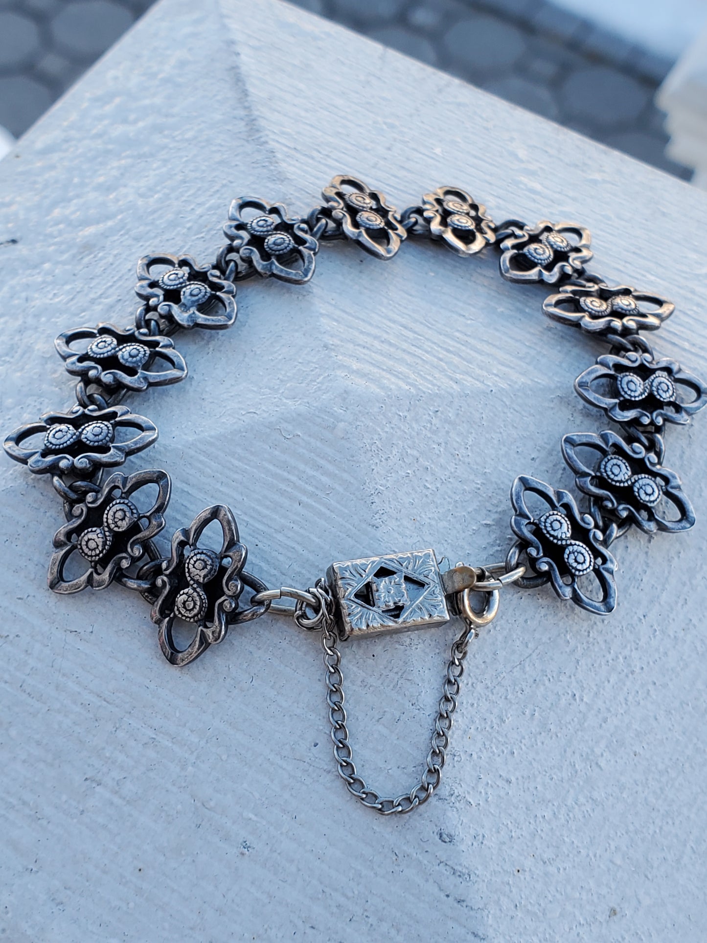 925 Sterling Silver Antique 100+ year old Art Deco Oxydized Filagre Link Bracelet w/safety chain