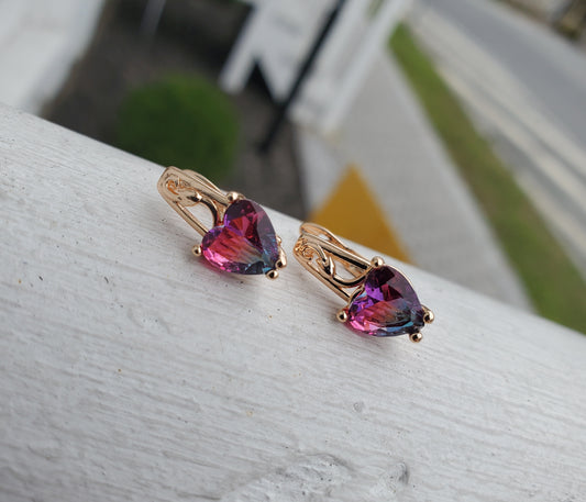 Stainless Steel Goldplated Bi-color Quartz Heart Huggie Hoop Earrings