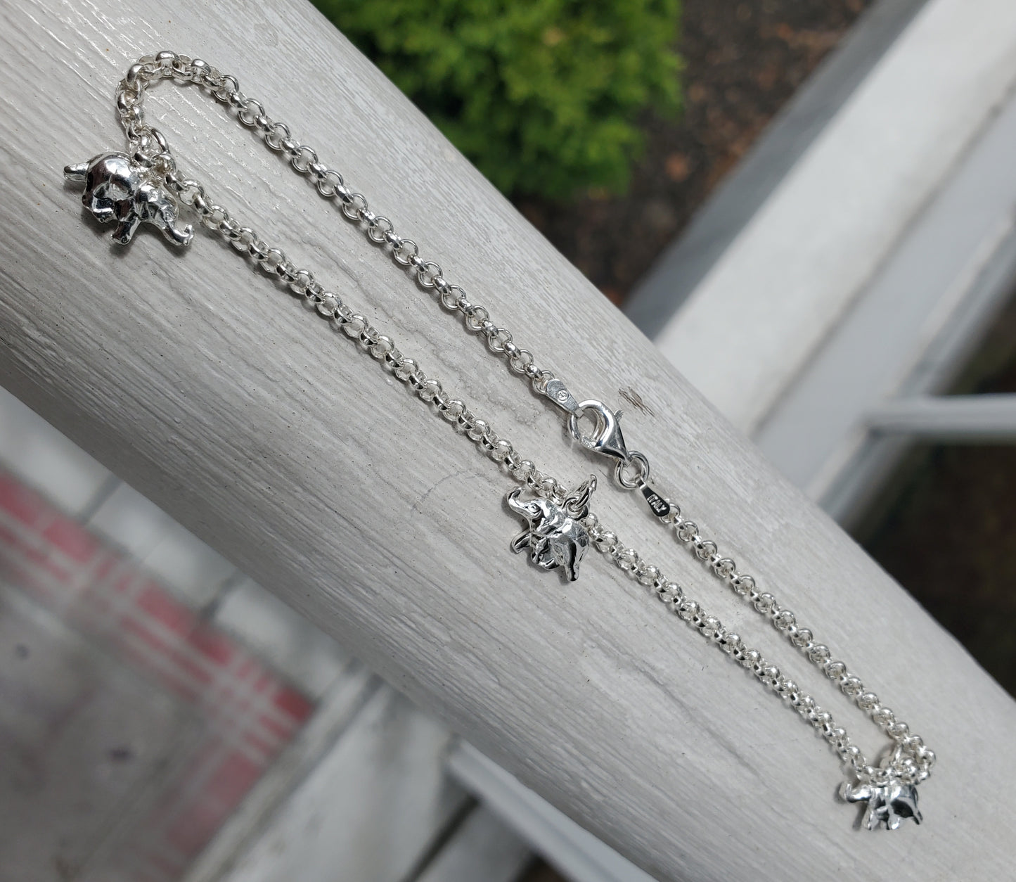 925 Sterling Silver Elephant Charms Rolo Link Anklet