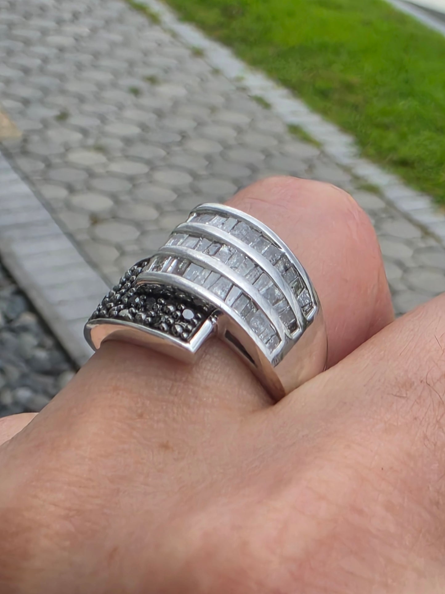 925 Sterling Silver 1.50tcw Natural White Baguette & Black Diamond OTC International Bypass Design Ring