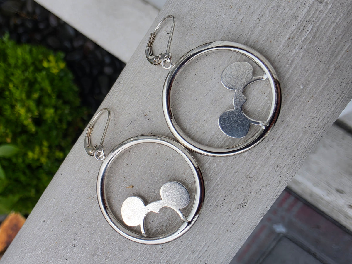 925 Sterling Silver Mickey Mouse Circle Silhouette Hi-Polish Dangling Earrings