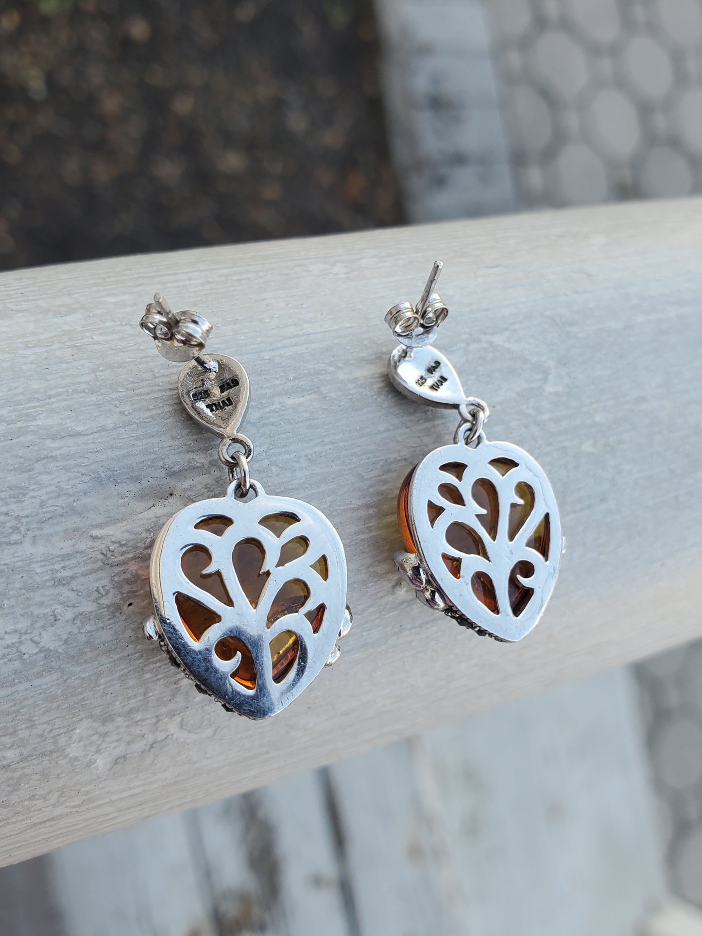 925 Sterling Silver Designer FAS Amber Heart & Marcasite Dangle Earrings