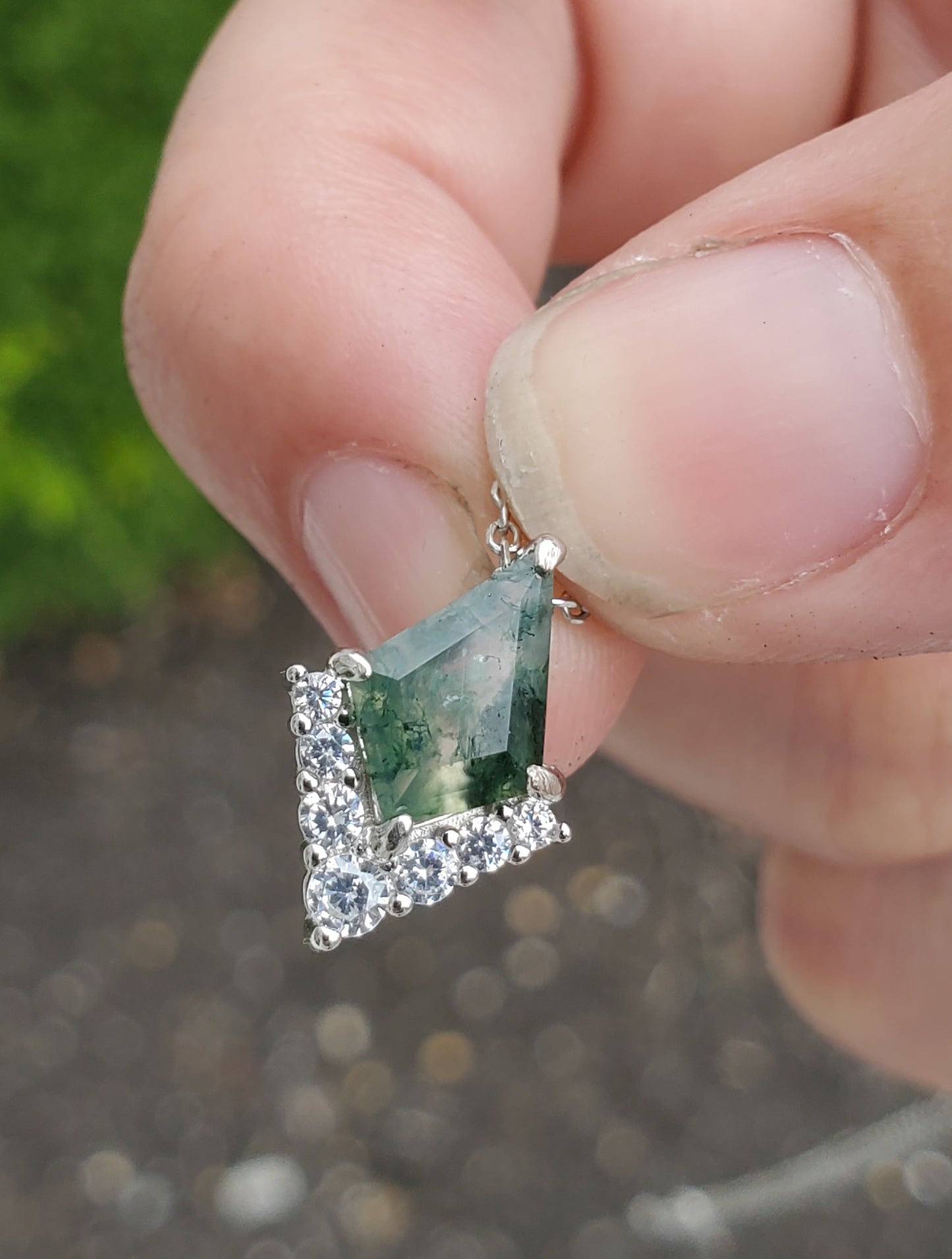 925 Sterling Silver Rhombus Cut Mossy Agate & Zirconia Necklace
