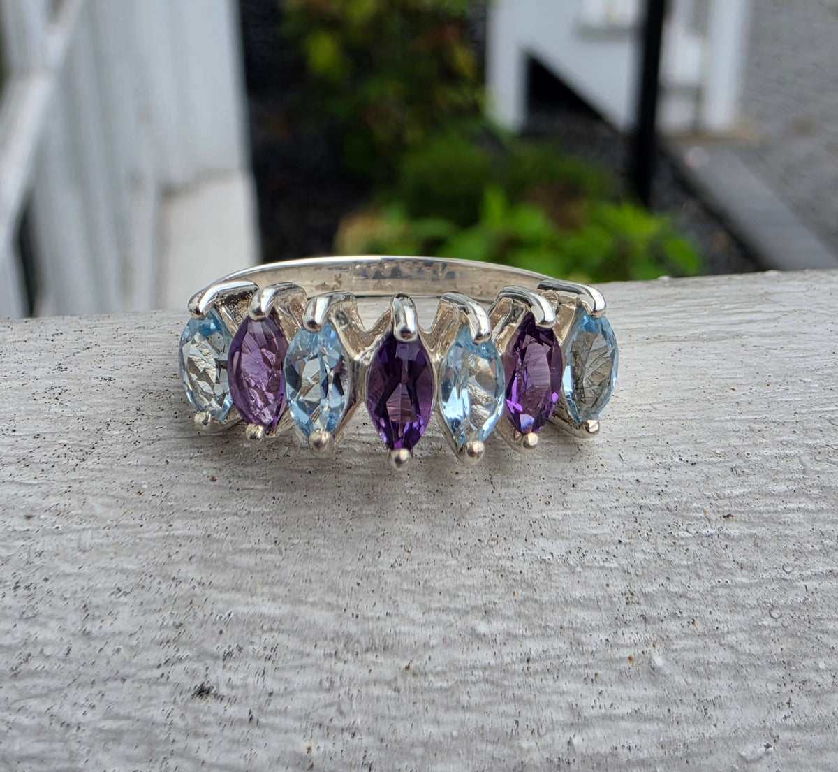 925 Sterling Silver Vintage Marquise Amethyst & Blue Topa Bridge Ring
