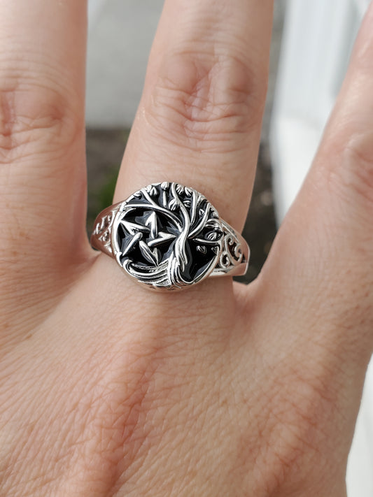 925 Sterling Silver Nature's Balance Wiccan Star Tree Ring