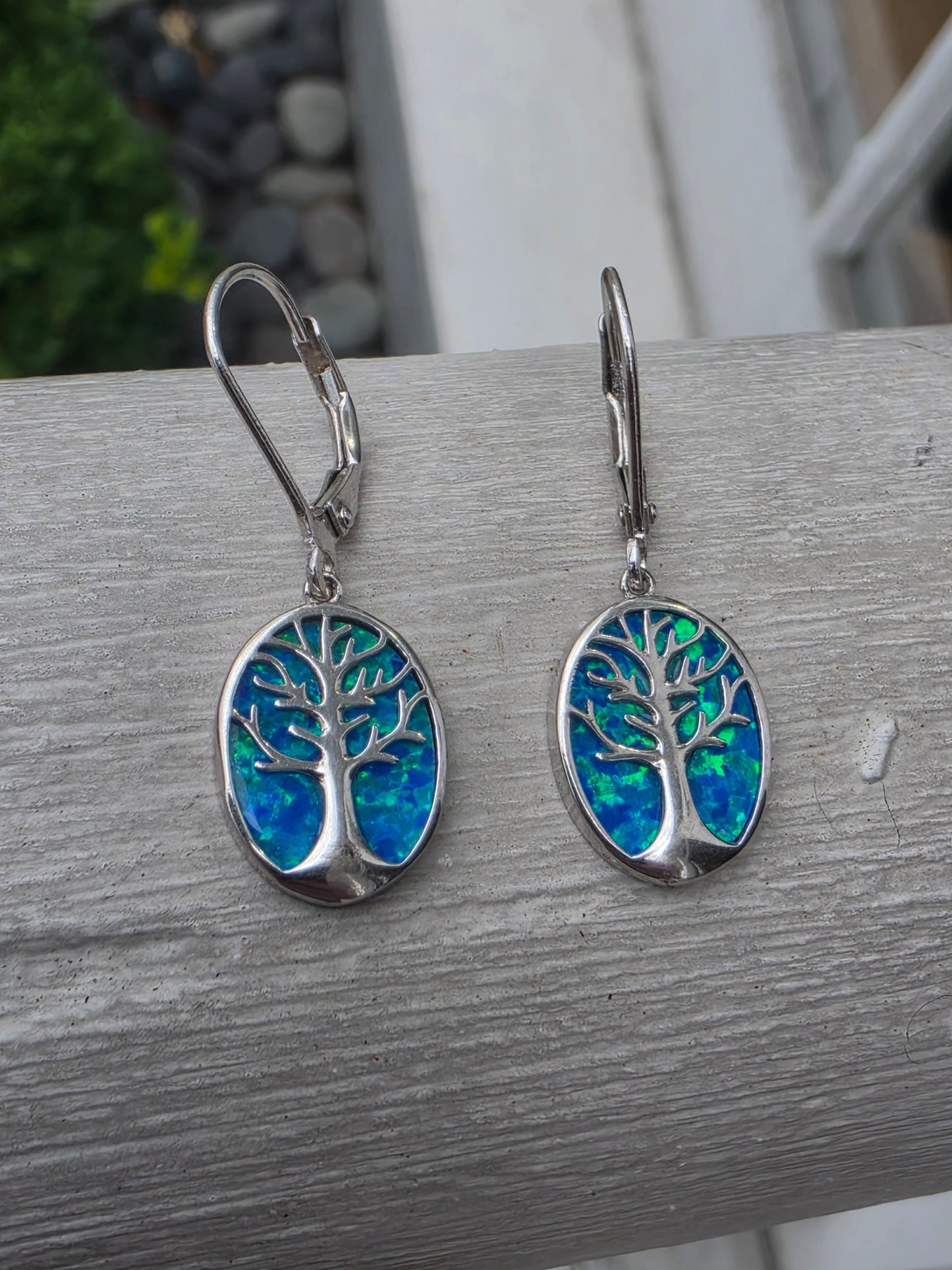 925 Sterling Silver Blue Opal Tree of Life Dangling Earrings