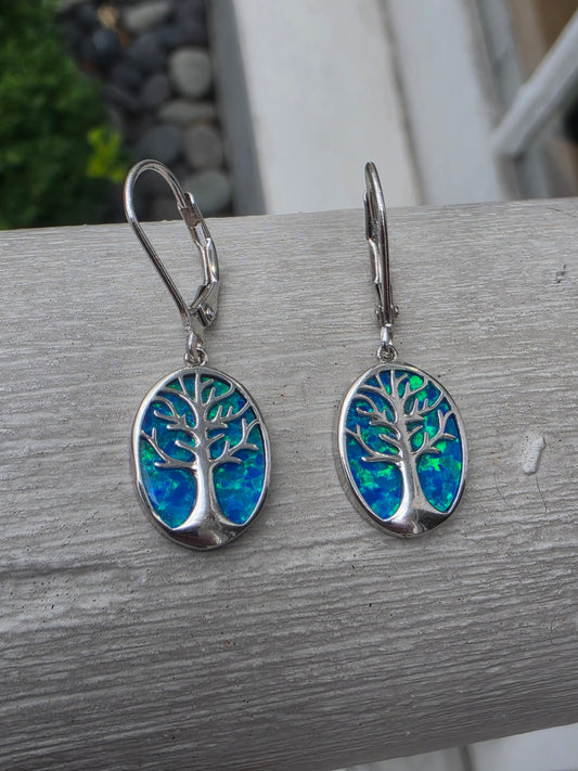 925 Sterling Silver Blue Opal Tree of Life Dangling Earrings