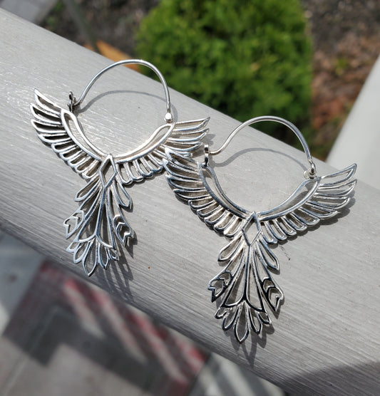 925 Sterling Silver Egyptian Angel Wing Phoenix Filagre Hoop Earrings