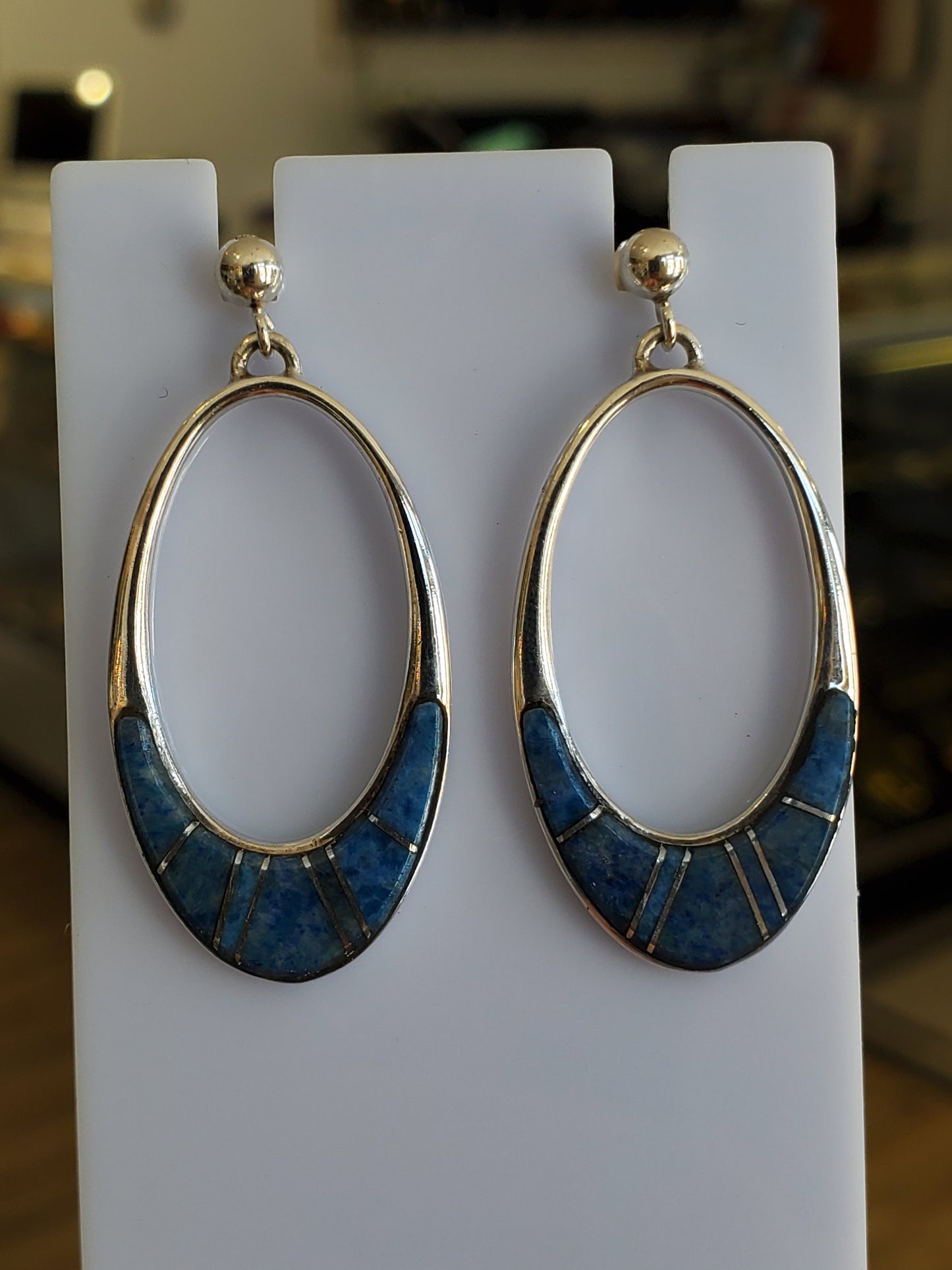 925 Sterling Silver Designer Calvin Begay Zuni Native American Tribal Oblong Lapiz Lazuli Dangling Earrings
