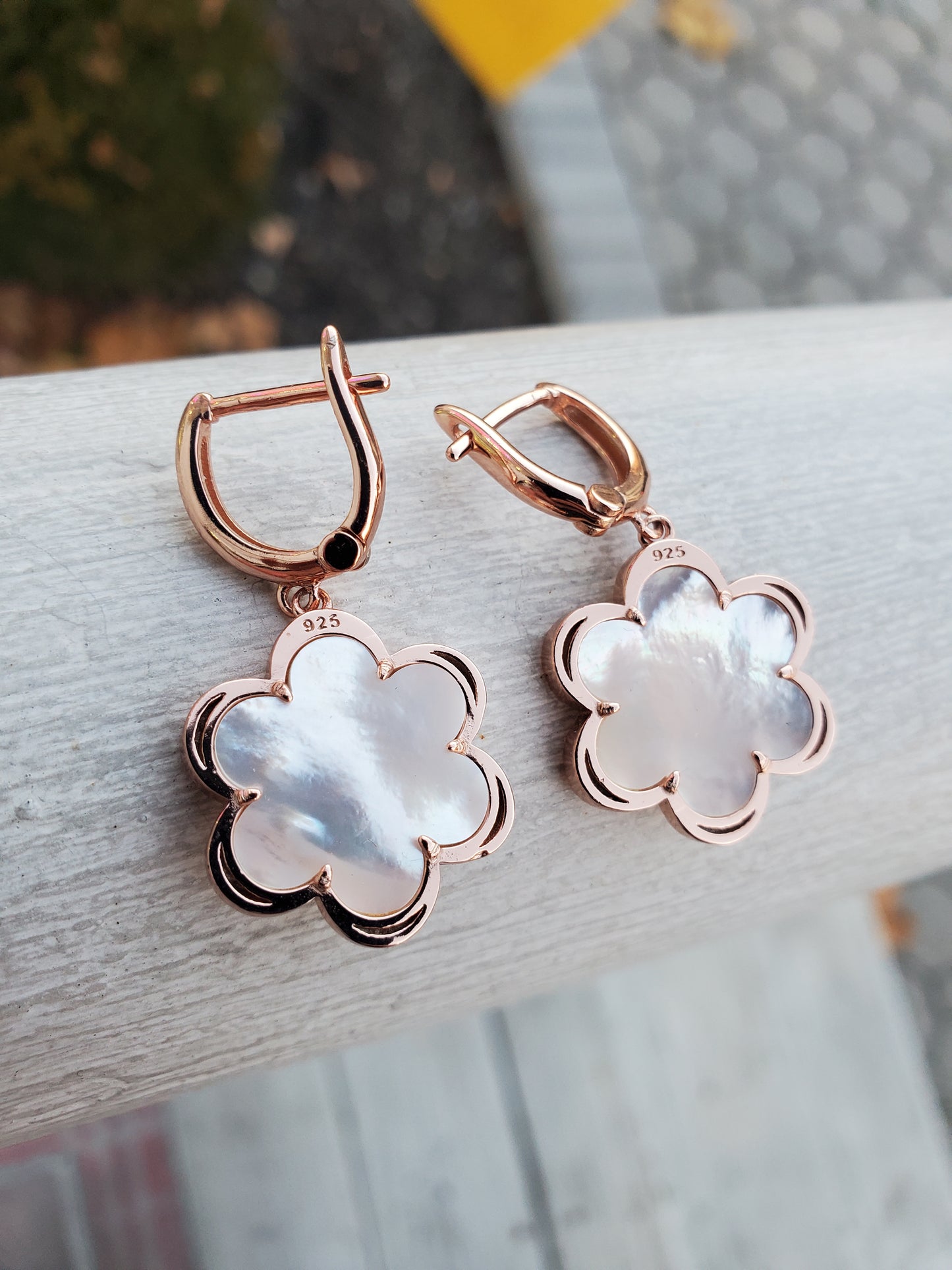 925 Sterling Silver Rose Vermeil Mother of Pearl Flower Leaverback Earrings