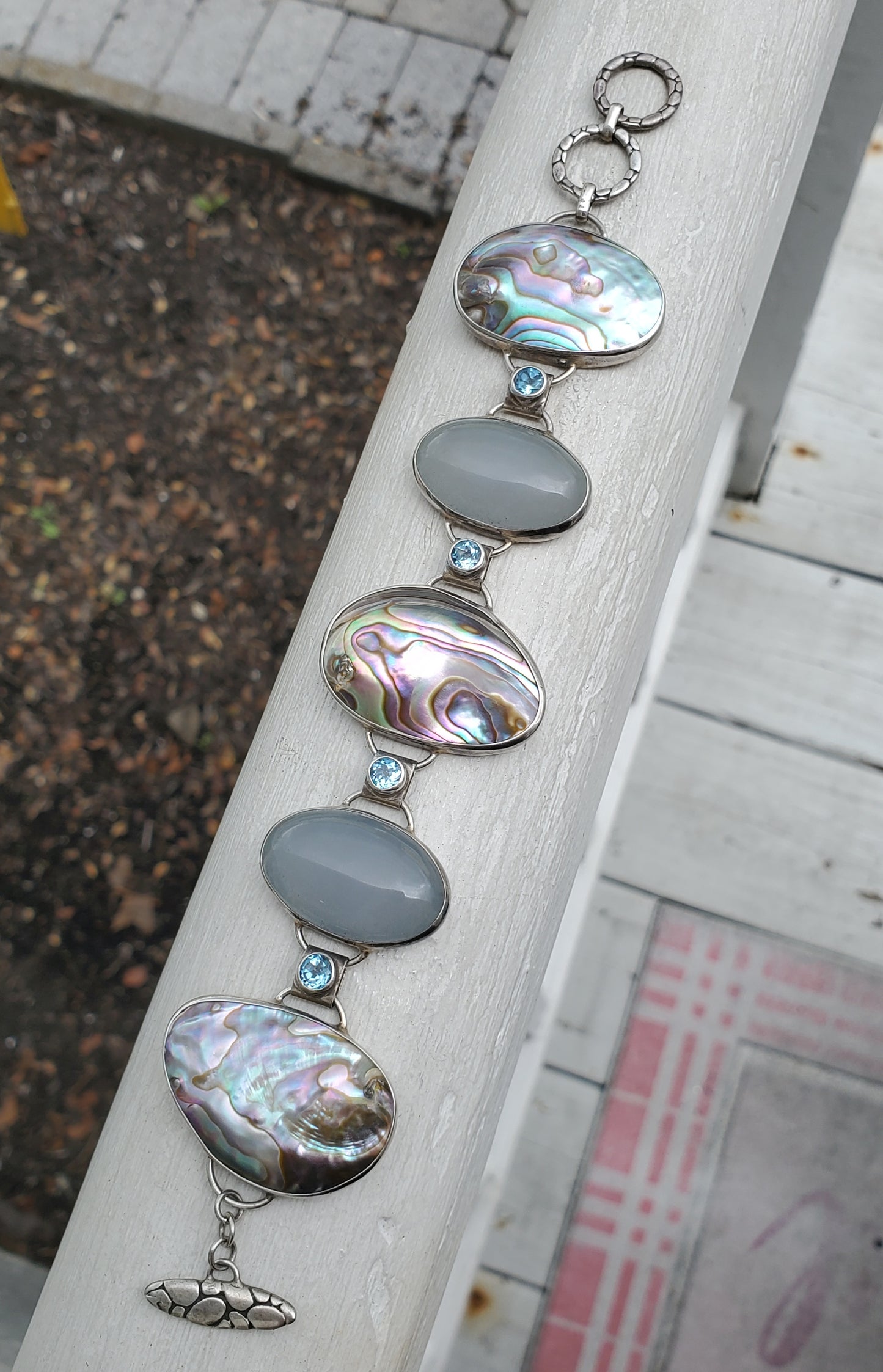925 Sterling Silver Abalone, Gray Moonstone & Blue Topaz Large Stone Bracelet