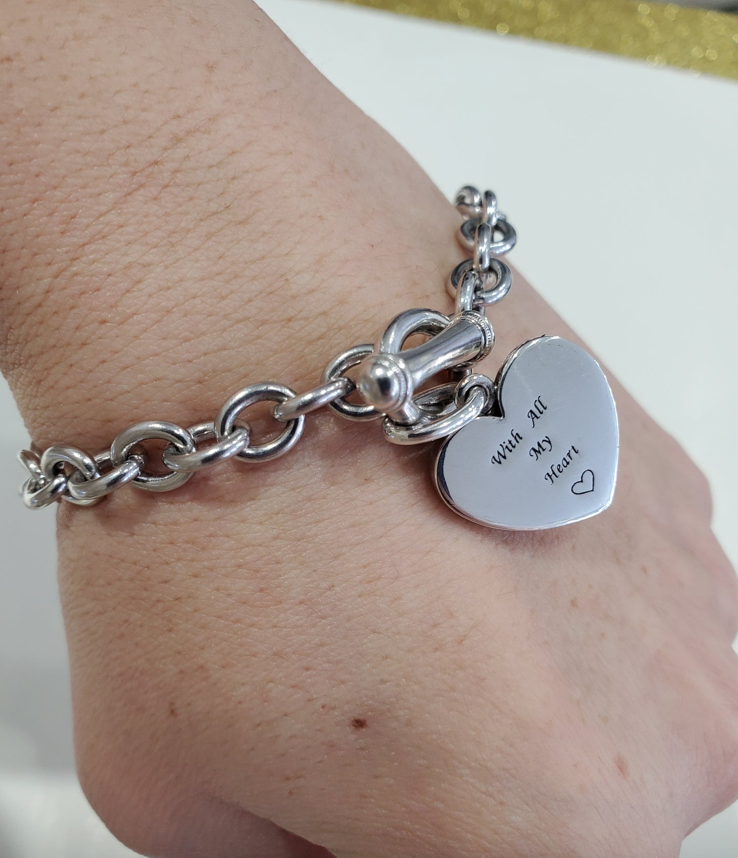 925 Sterling Silver Designer Vera Wang "With all my heart" 💙 Blue Sapphire Heart Toggle Lock Bracelet