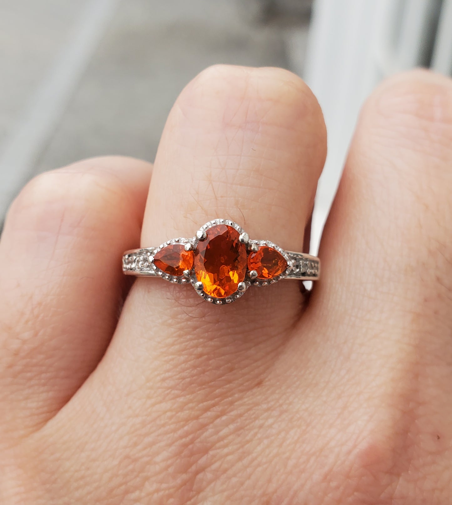 925 Sterling Silver Tangerine Orange & Clear Zirconia Past Present Future Ring