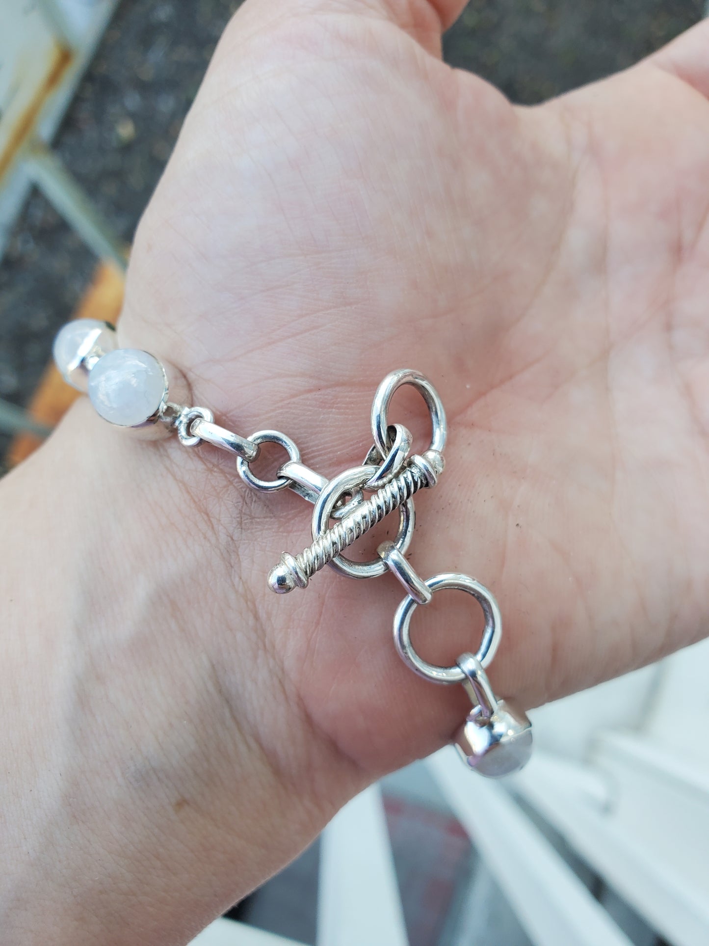 925 Sterling Silver Ladies Bezel Set Moonstone Toggle Bracelet Adj 7"-8"