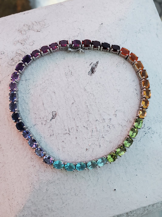 925 Sterling Silver Multi-Color Rainbow🌈 Gemstone Tennis Bracelet 8"