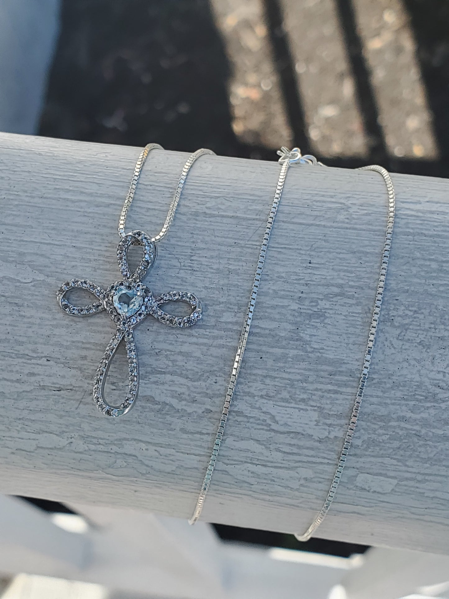 925 Sterling Silver Aquamarine & White Topaz Cross Necklace