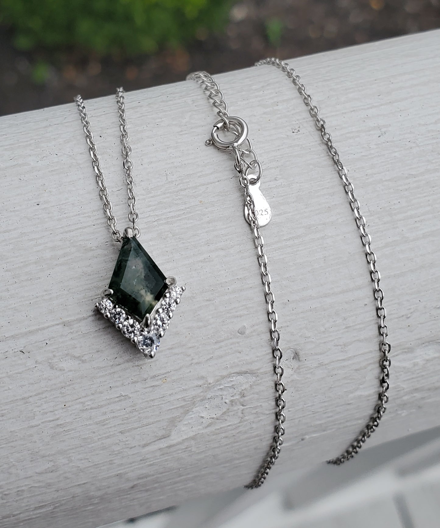 925 Sterling Silver Rhombus Cut Mossy Agate & Zirconia Necklace