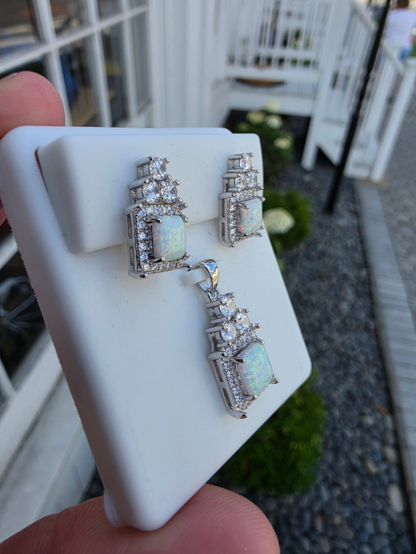 925 Sterling Silver Cushion Cut Opal & White Spinel Pendant & Earrings Gift Set