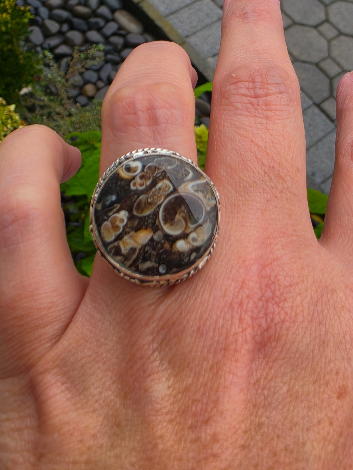 925 Sterling Silver Large Round Brown Picture Jasper Ring