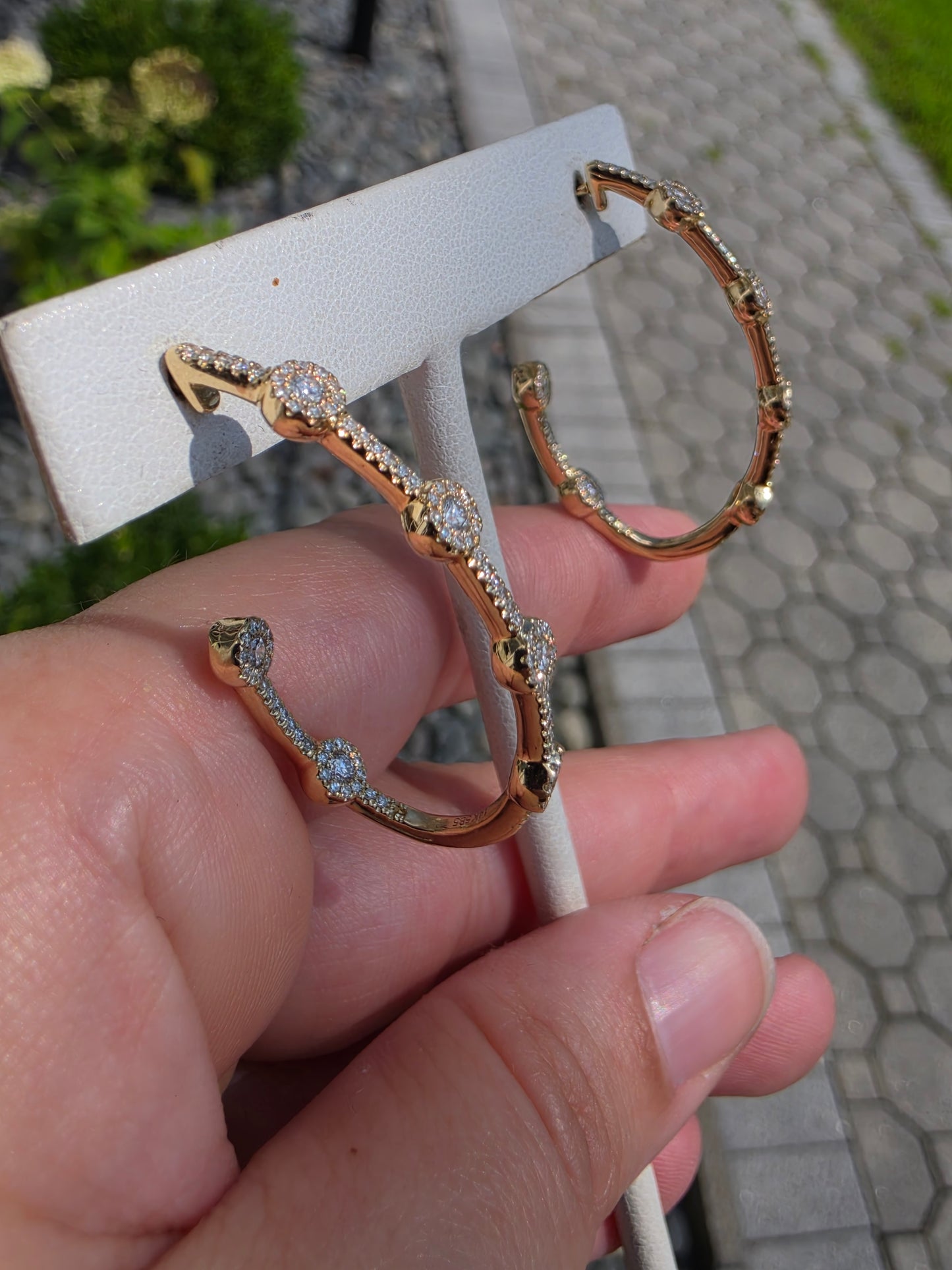 14k Solid Gold 3/4 Pave Oval Oblong Natural Diamond Hoop Earrings