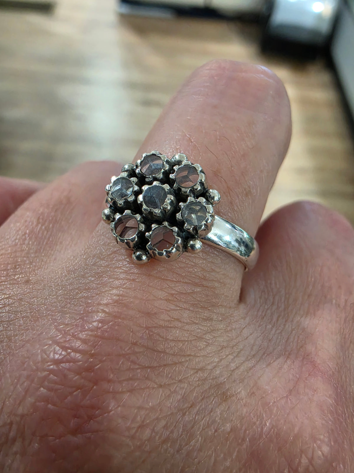 925 Sterling Silver Rock Crystal Floral Cluster Ring
