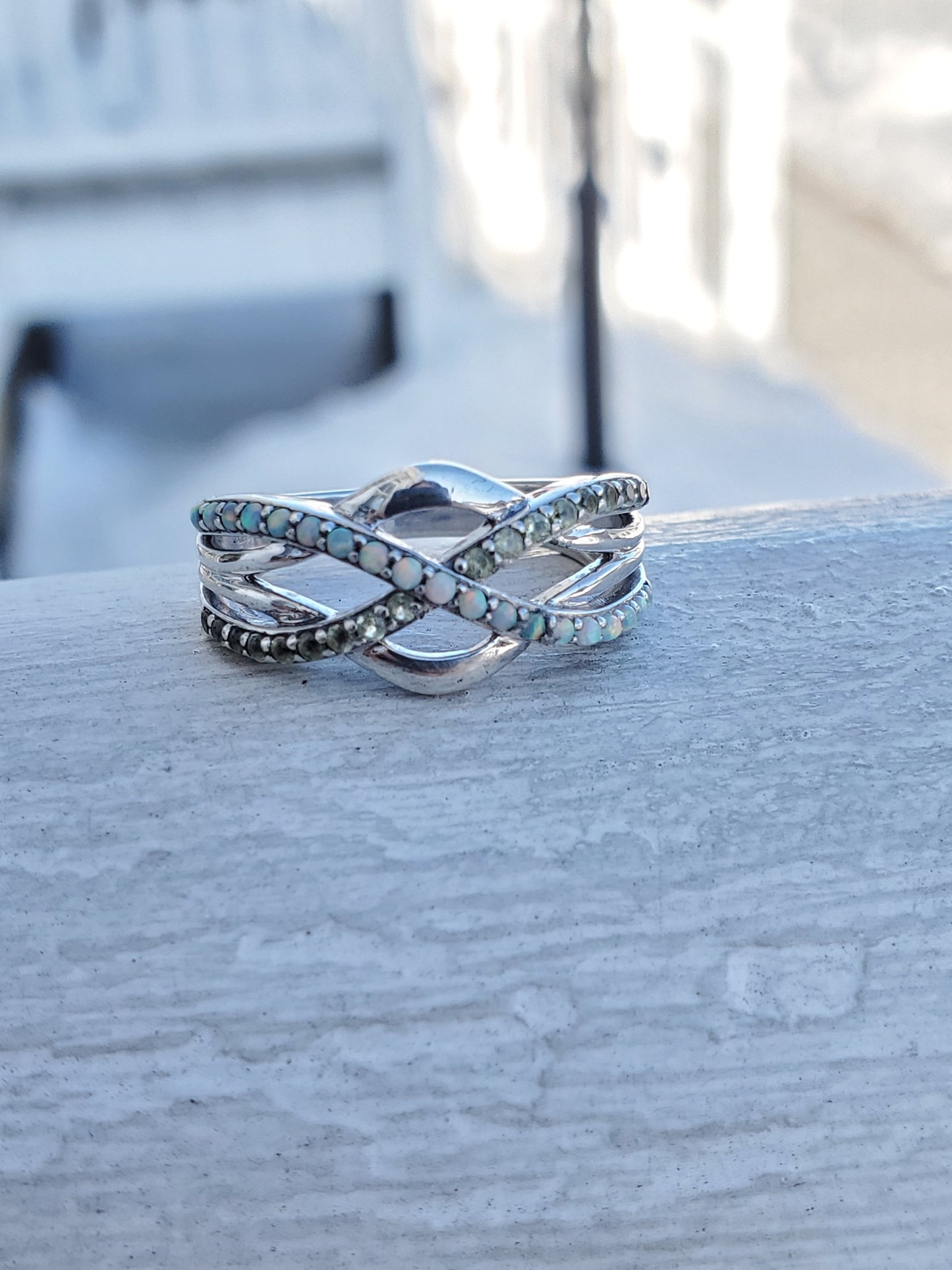925 Sterling Silver Opal & Peridot Infinite Love Band Ring