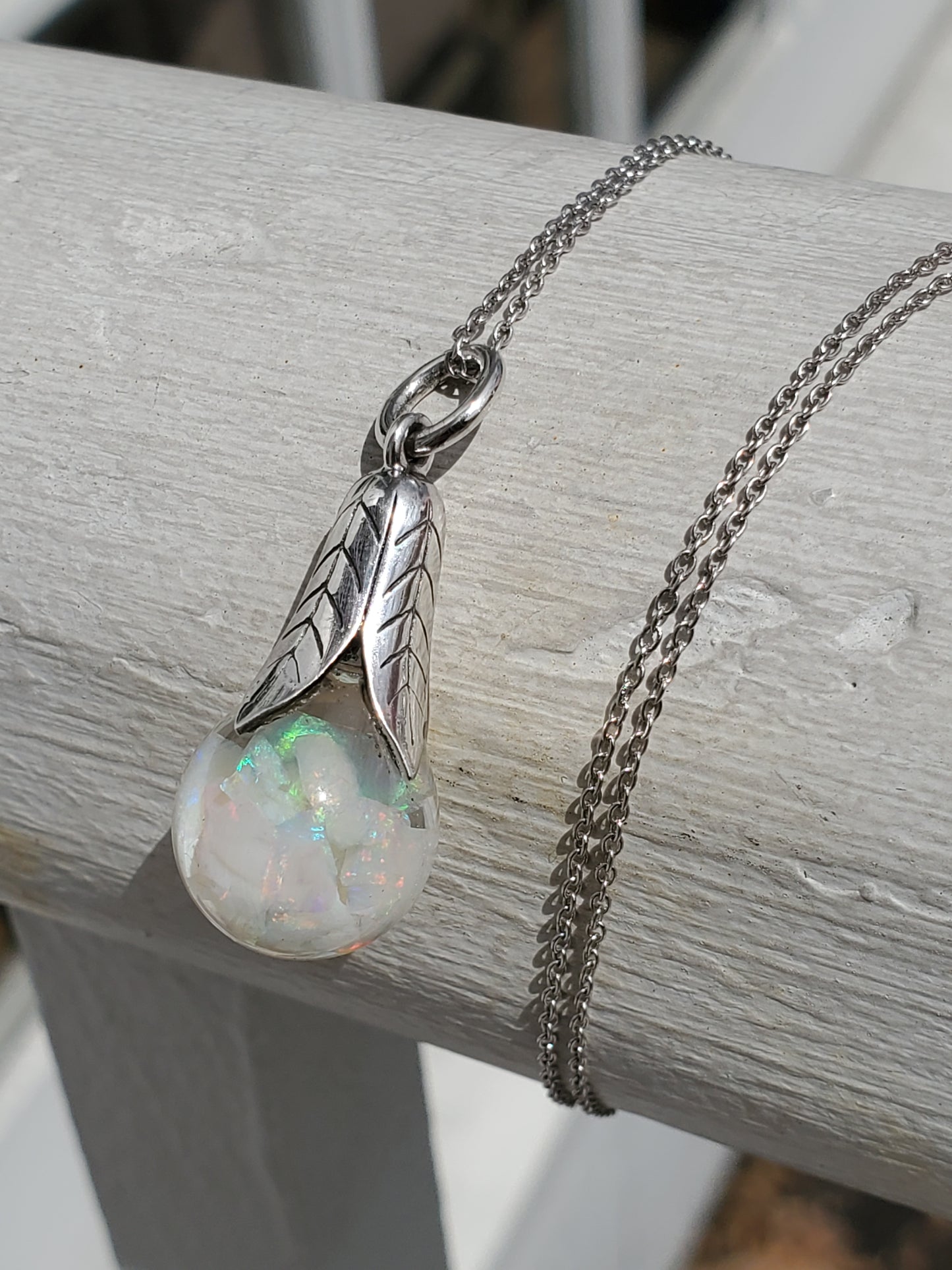 925 Sterling Silver Vintage Glass Floating Opal Necklace