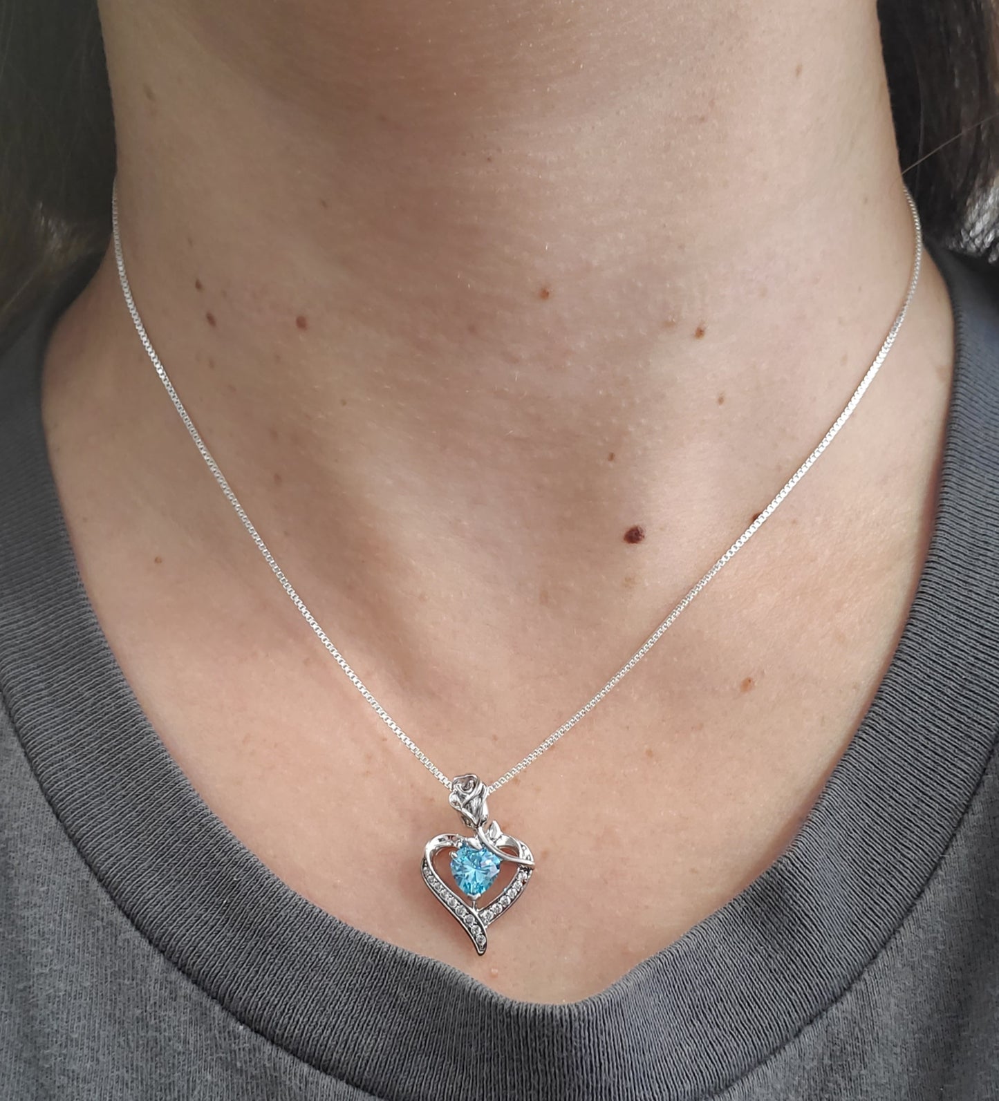 925 Sterling Silver Blue Topaz Zirconia Heart Rose Necklace