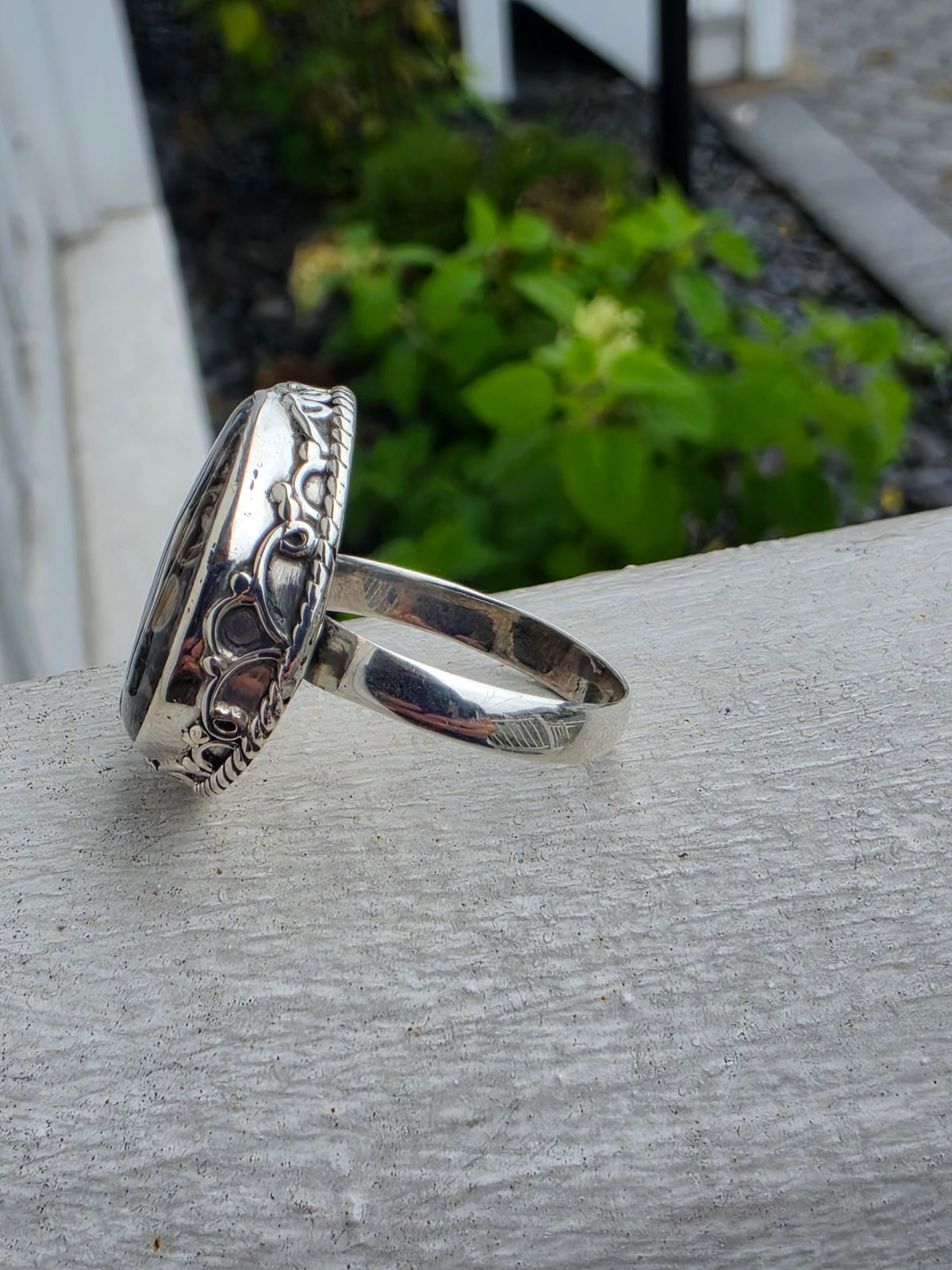 925 Sterling Silver Large Round Brown Picture Jasper Ring