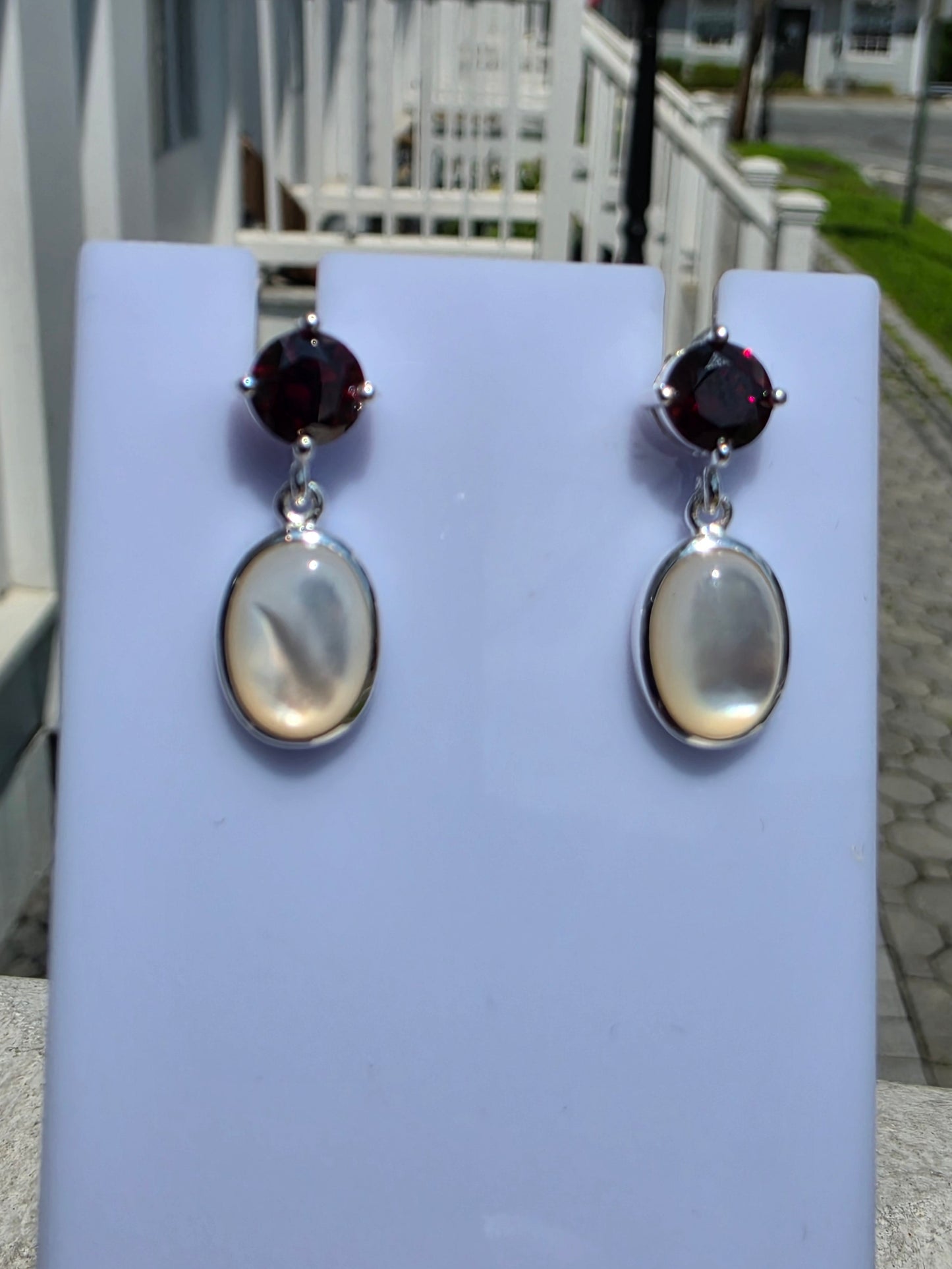 925 Sterling Silver Garnet & Mother of Pearl Dangle Earrings