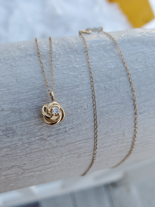 14k Solid Gold Petite Diamond Solitare Love Knot Necklace