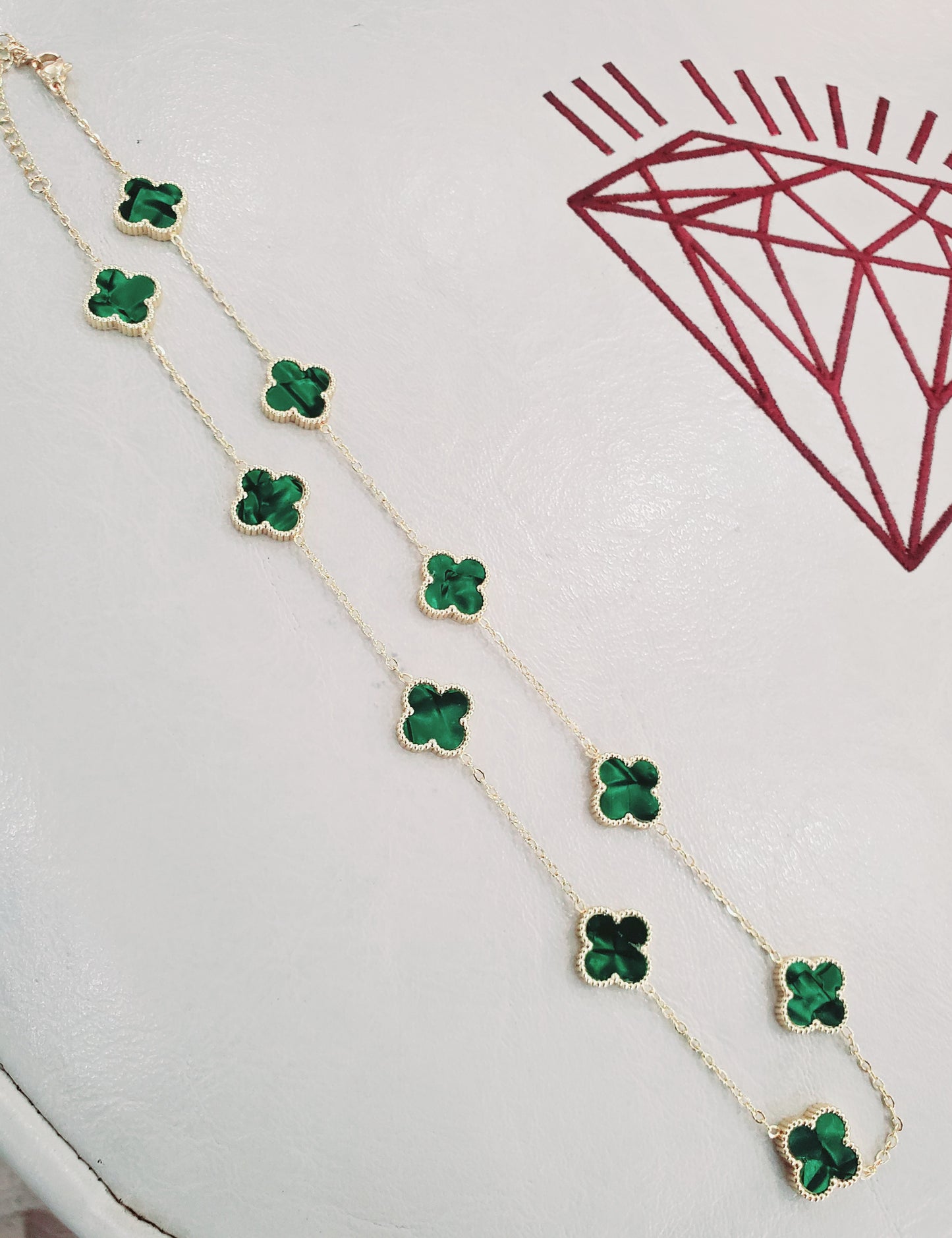 Stainless Steel Gold Color Green Clover Station Van Cleef Style Necklace 18”-20”
