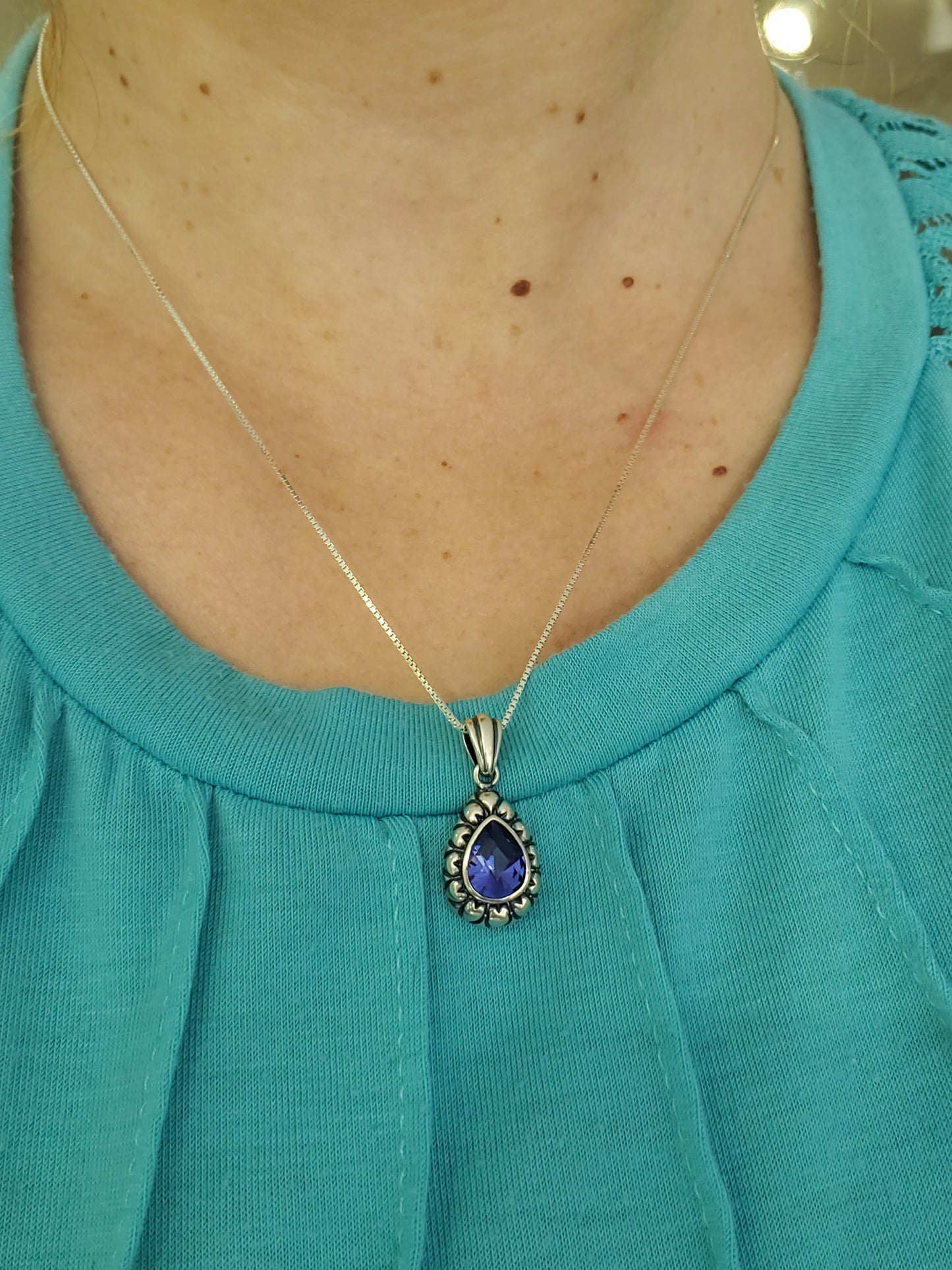 925 Sterling Silver Simulated Tanzanite Teardrop Necklace